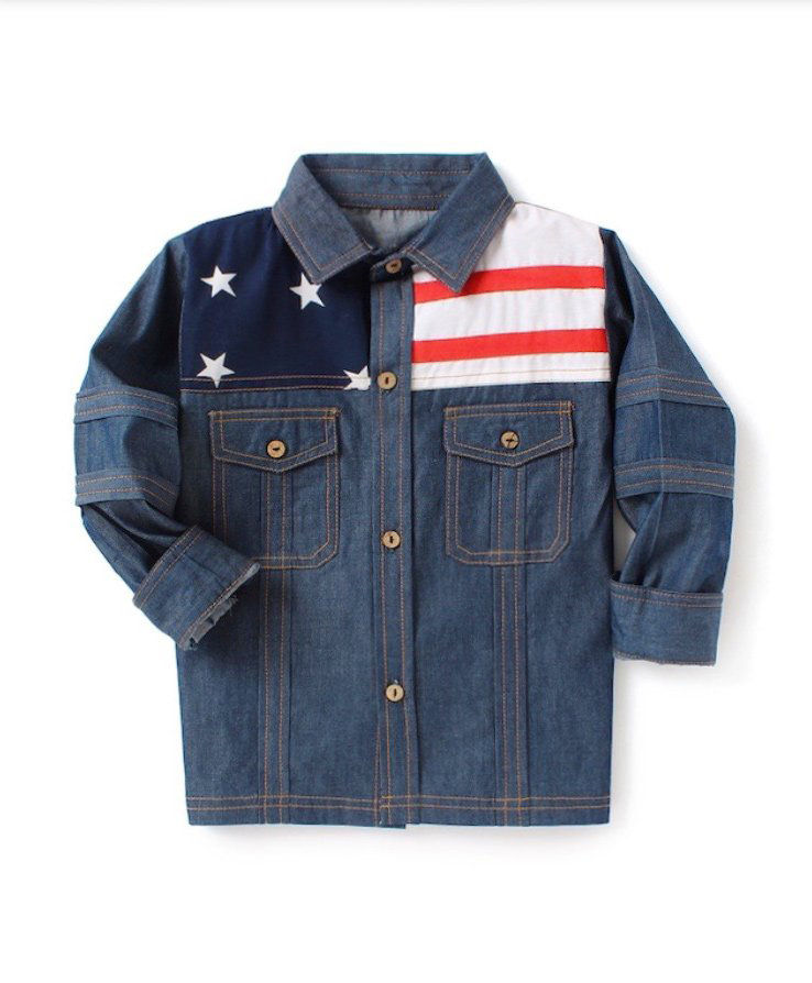 Kidsclan Full Sleeves Denim Biker Shirt Star & Stripes Print - Navy Blue