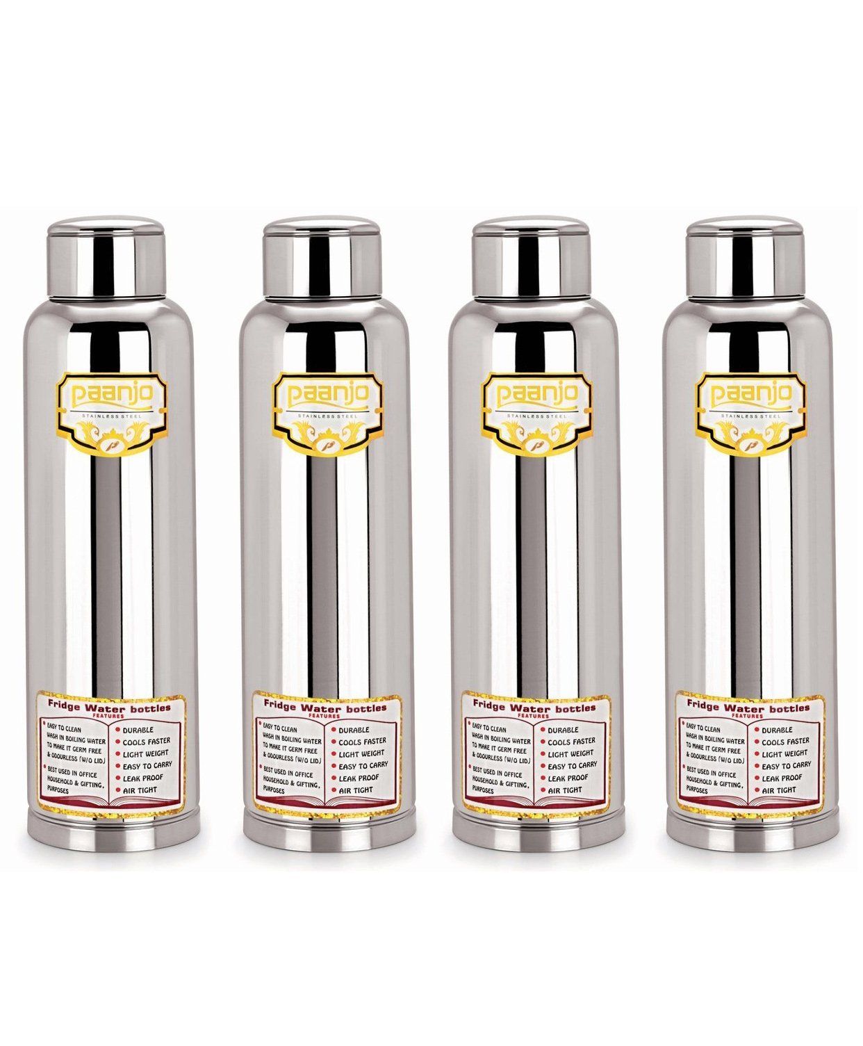 Paanjo Stainless Steel Bottle Silver Pack of 4 - 900 ml