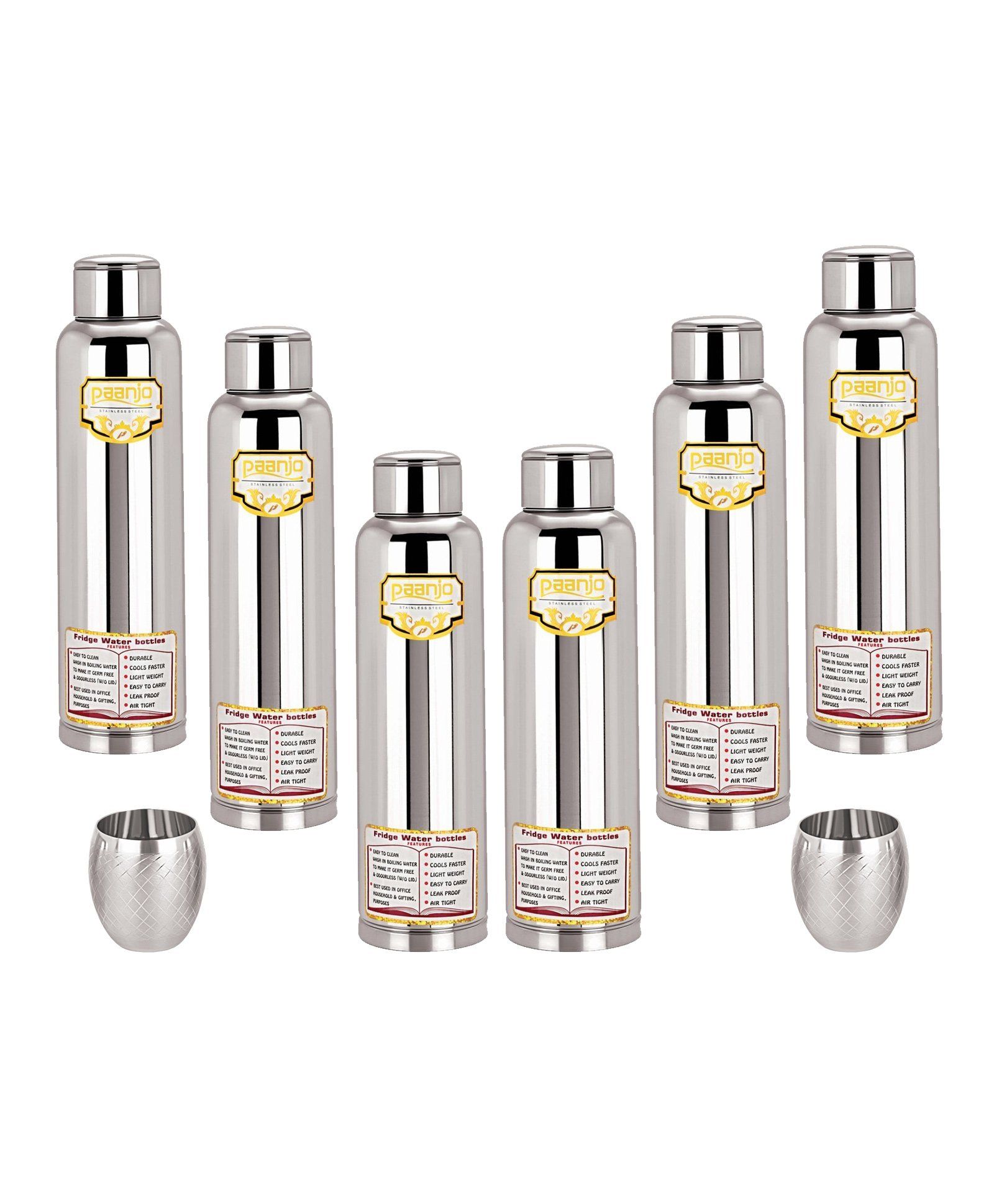 Paanjo Stainless Steel Bottle With Free Steel Glass Silver