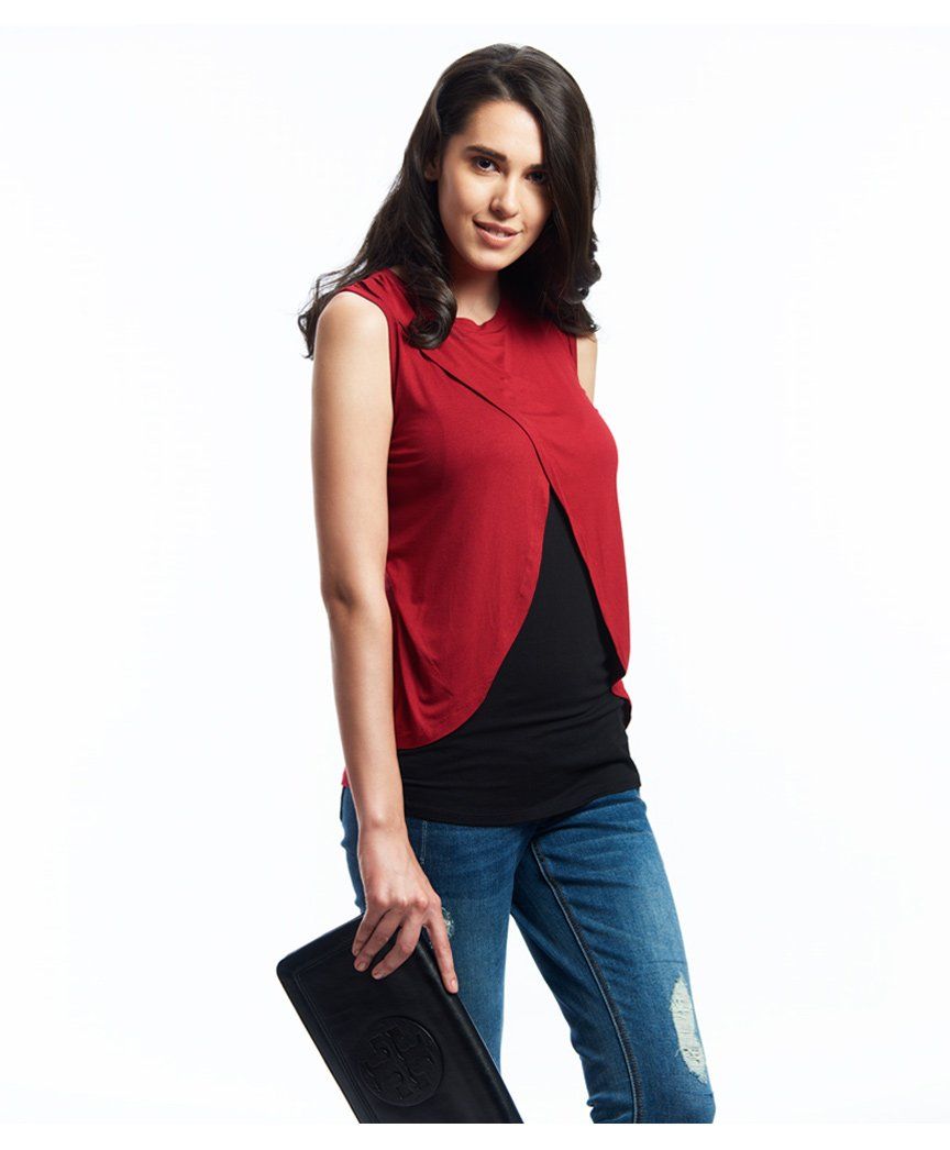 Nuthatch Colour Block Nursing Maternity Top - Maroon & Black