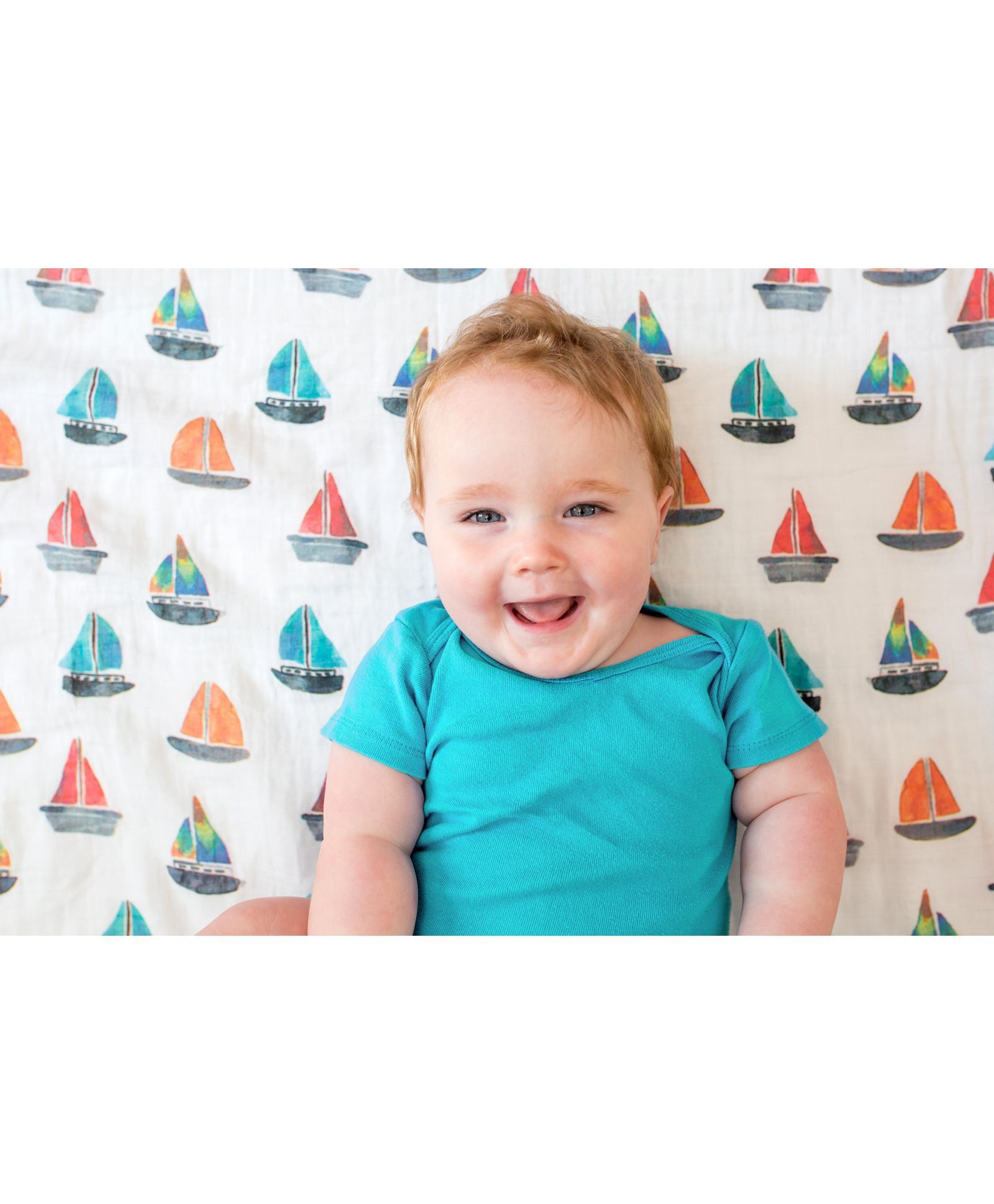 Lulujo Baby Cotton Muslin Swaddle Wrapper Boat Print - White Multicolou