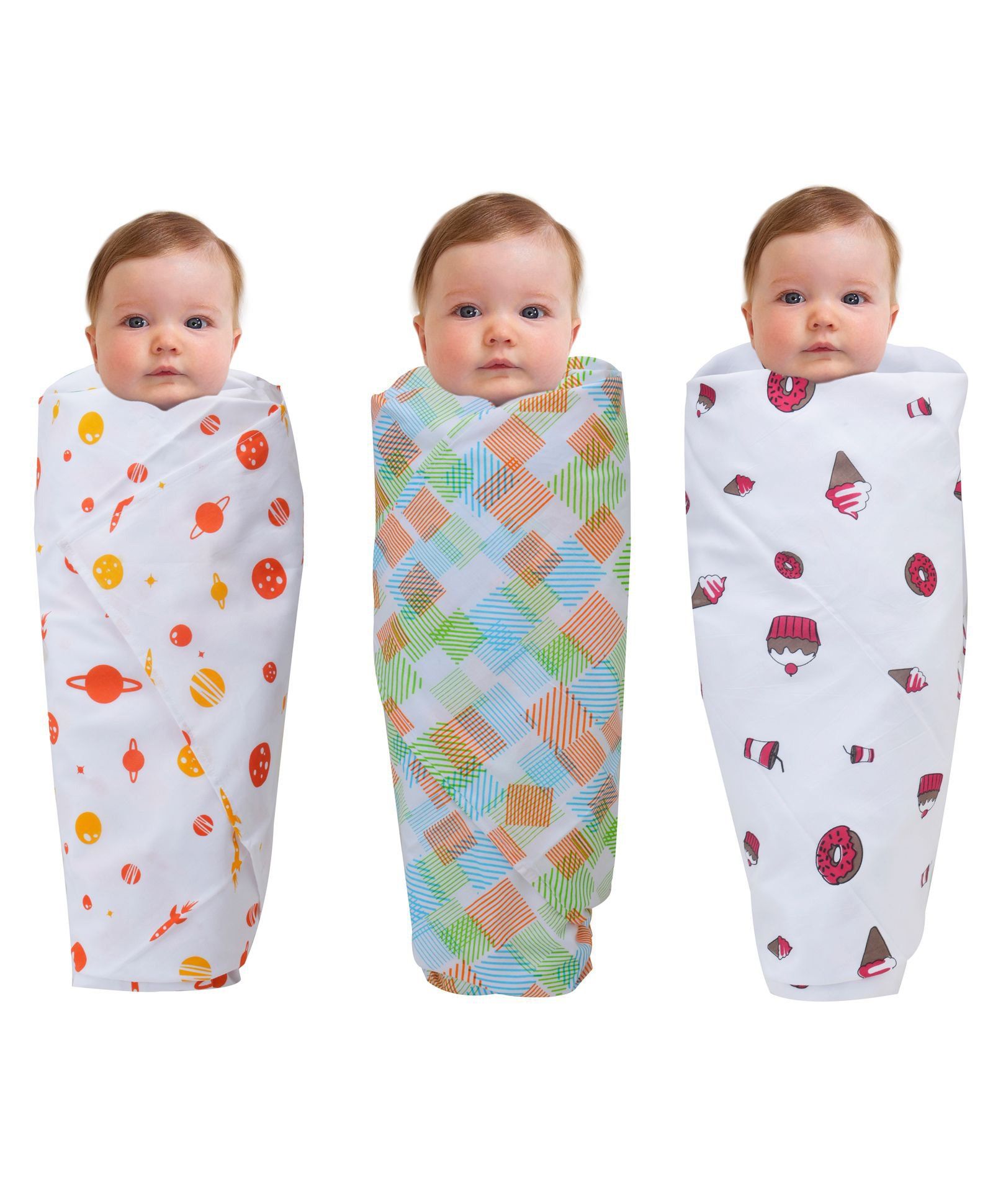 Wonder Wee Muslin Cotton Swaddle Wrappers Food Print Pack of 3 - White