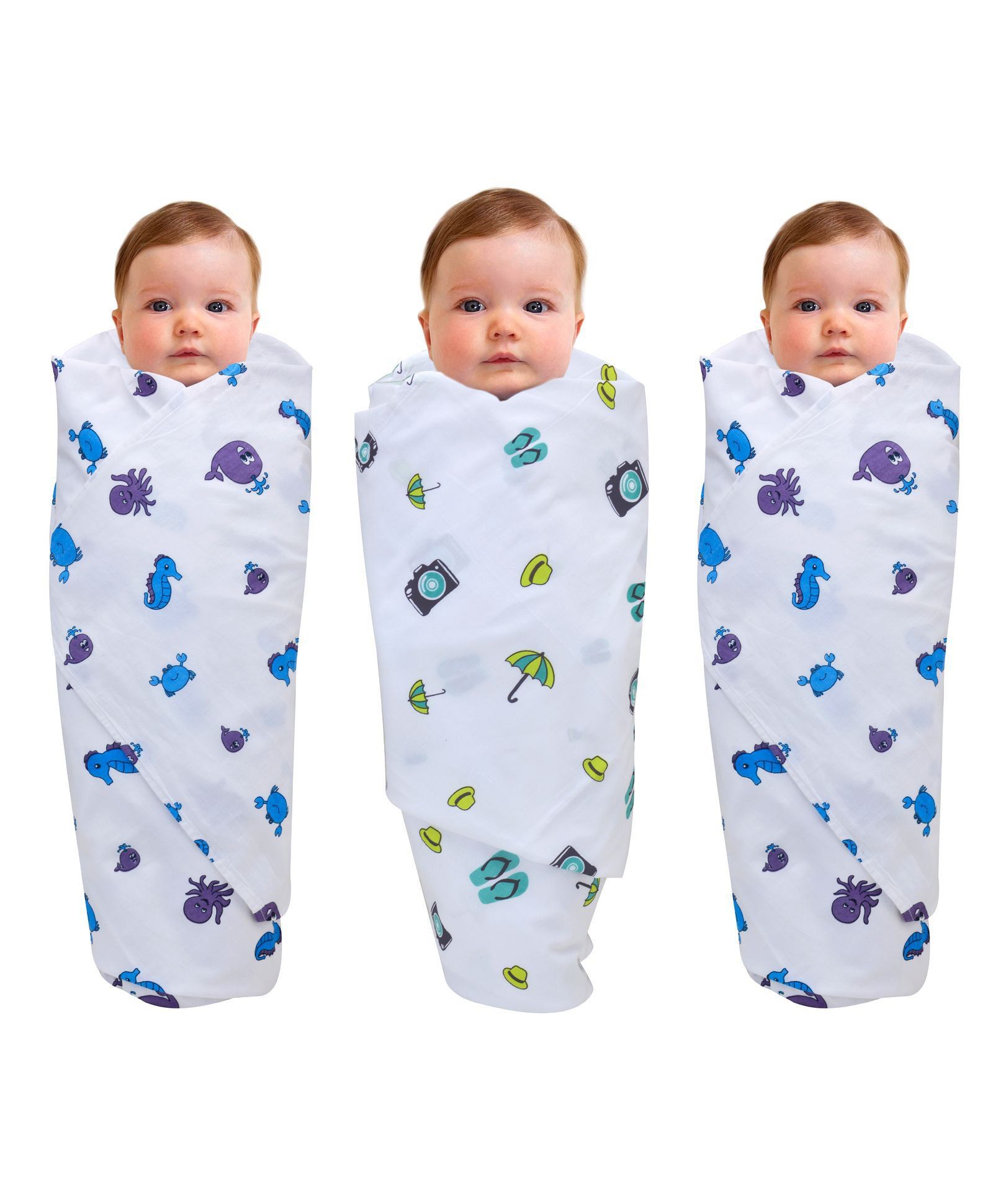 Wonder Wee Muslin Cotton Swaddle Wrappers Octopus Print Print Pack of 3 - Blue Purple