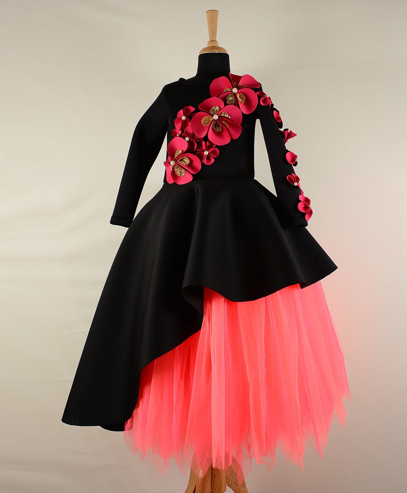 Tu Ti Tu Floral Applique Peplum High Low Corset With Tutu Skirt - Black & Neon Pink