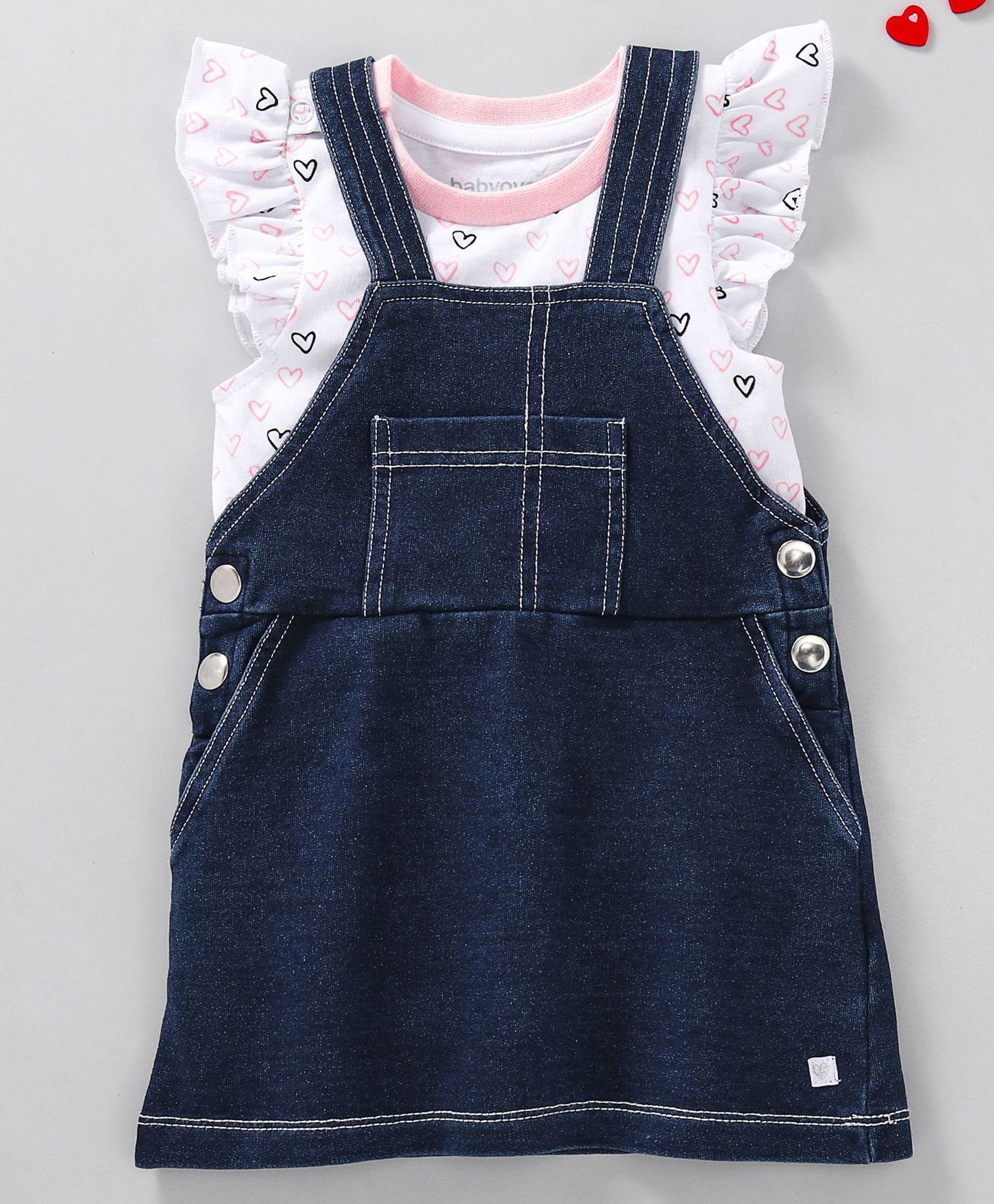 Babyoye Denim Frock With Short Flutter Sleeves Top Heart Print - Dark Blue White