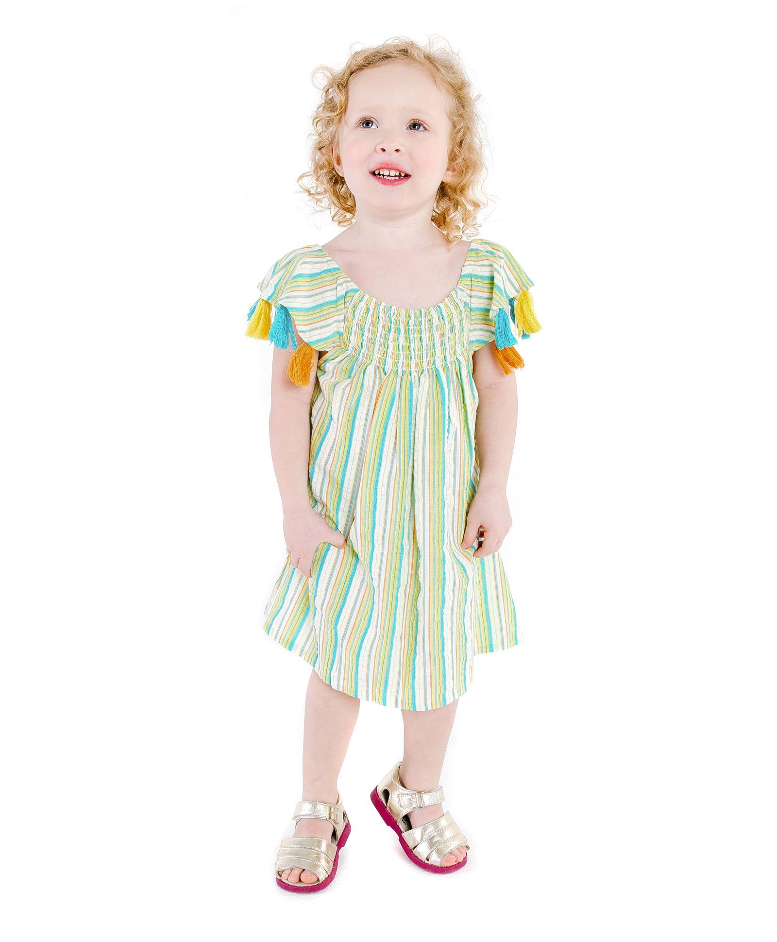 Masala Baby Cap Sleeves Sundancer Dress Stripe - Green & Yellow