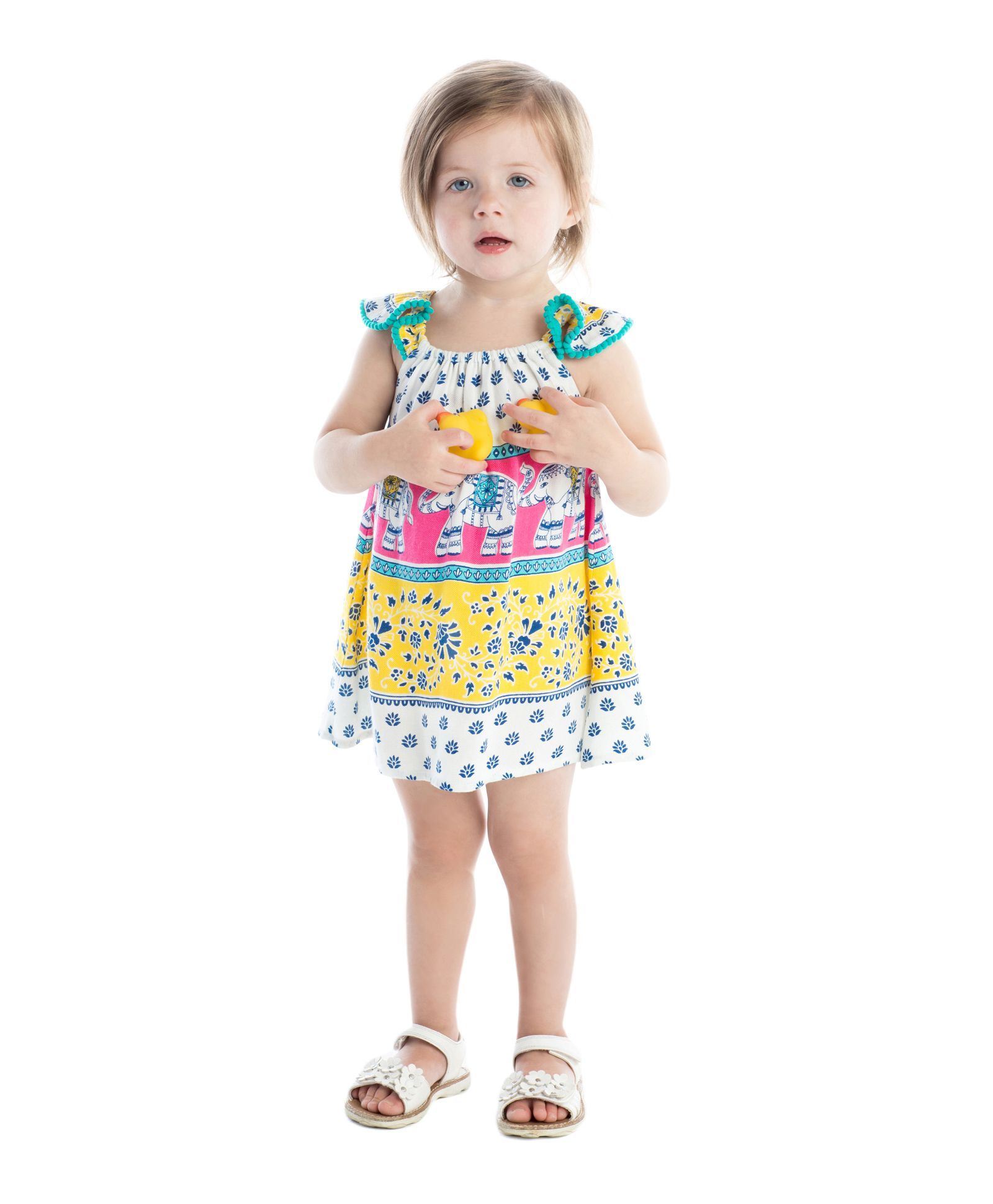 Masala Baby Cap Sleeves Dress Elephant Print - Yellow & Pink