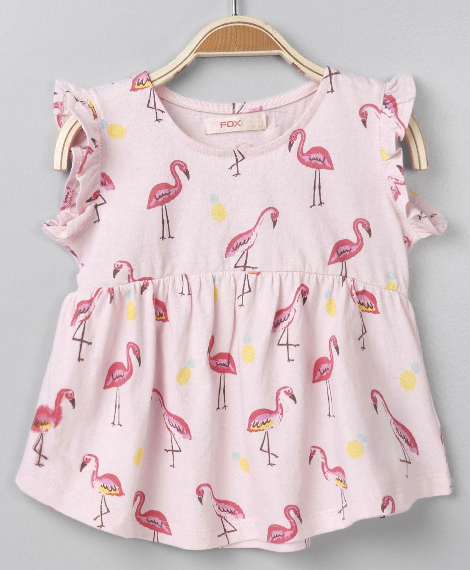 Fox Baby Flutter Sleeves Frock Flamingo Print - Light Pink