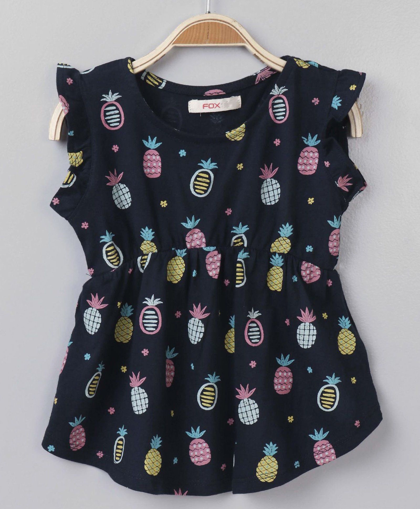 Fox Baby Flutter Sleeves Frock Pineapple Print - Navy