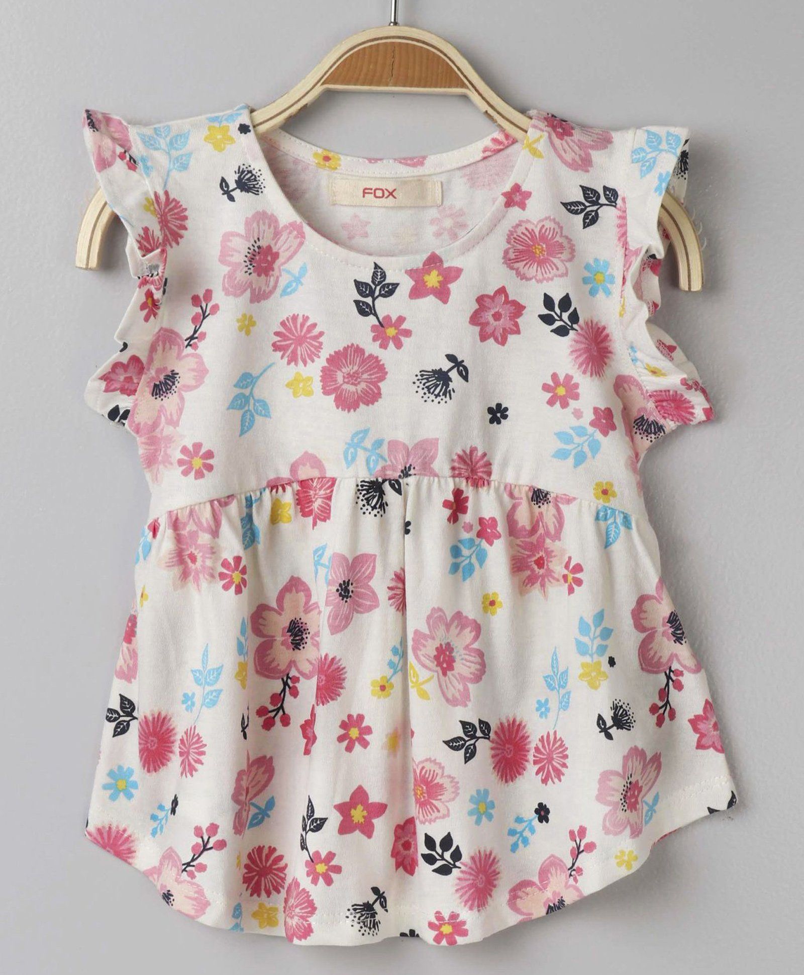 Fox Baby Flutter Sleeves Frock Floral Print - White Multi Colour