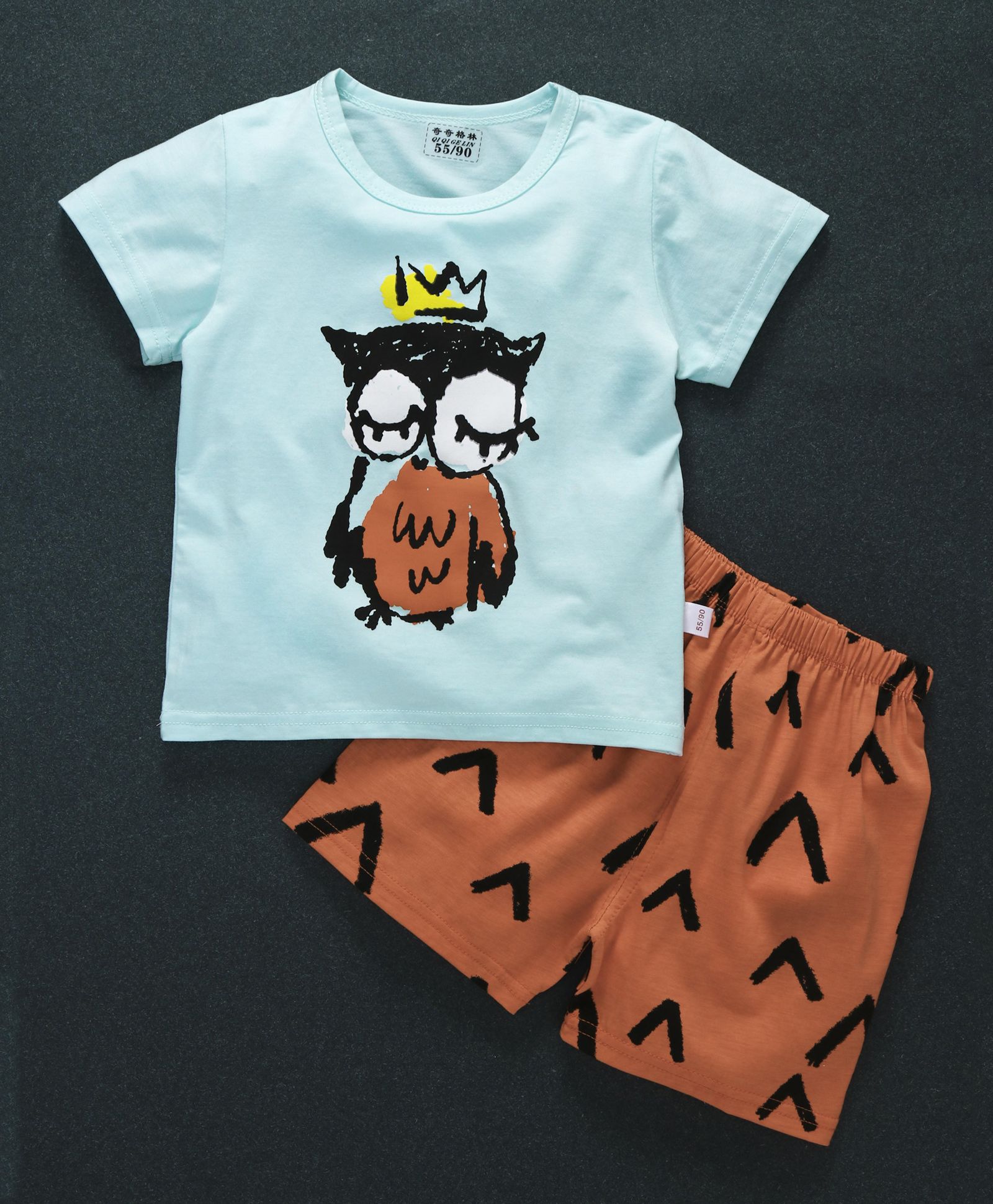 Honey Hut Half Sleeves Owl Print T-Shirt with Shorts - Blue & Orange