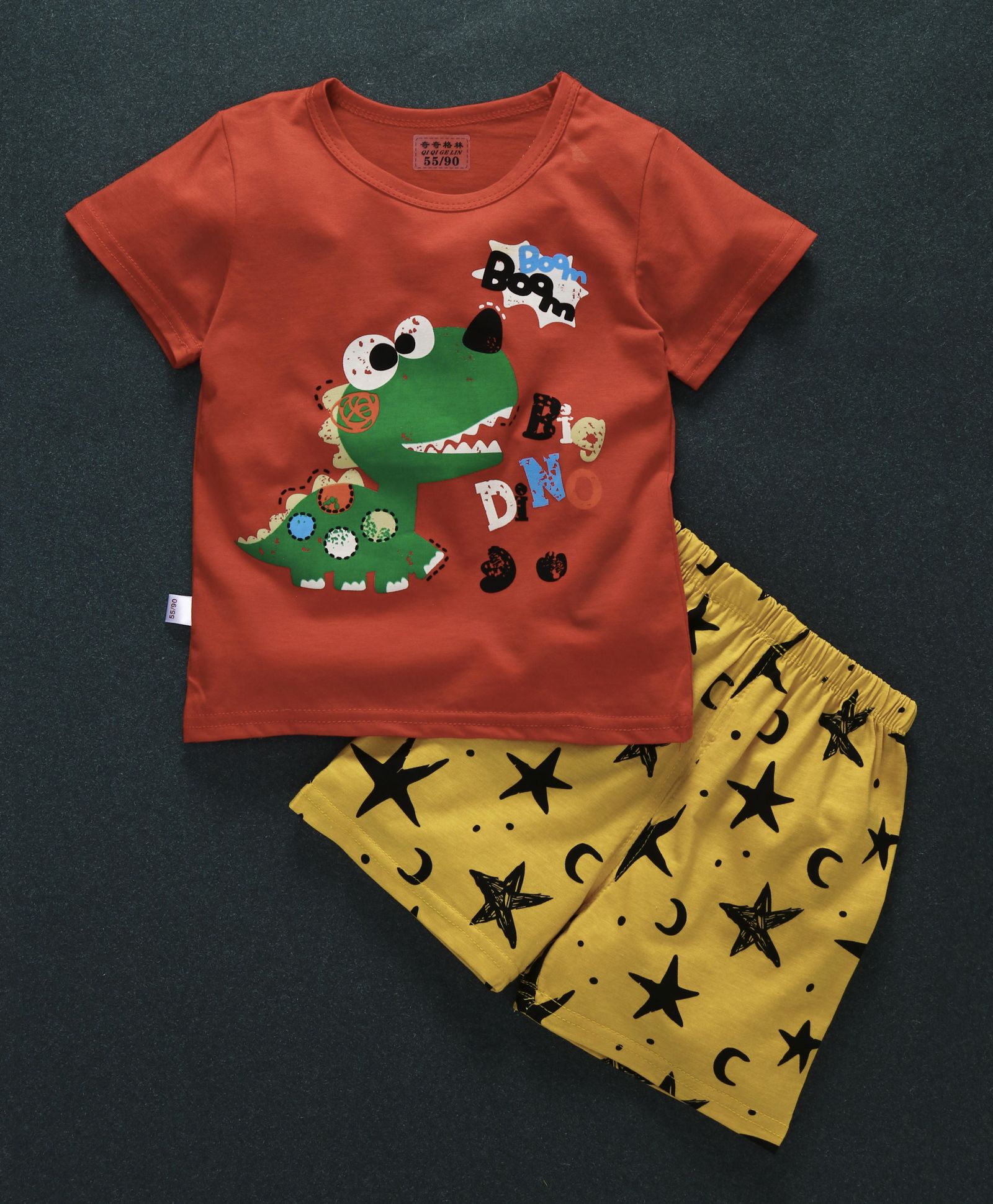 Honey Hut Half Sleeves Dino Print T-Shirt with Shorts - Brown & Yellow