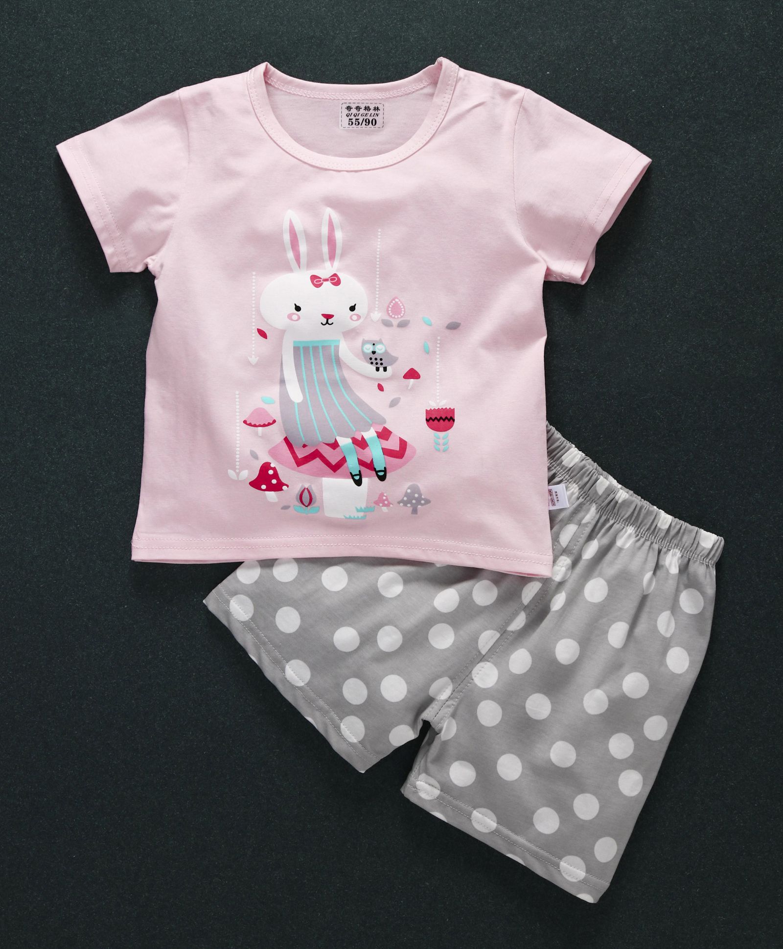 Honey Hut Half Sleeves Bunny Print T-Shirt with Shorts - Pink & Grey
