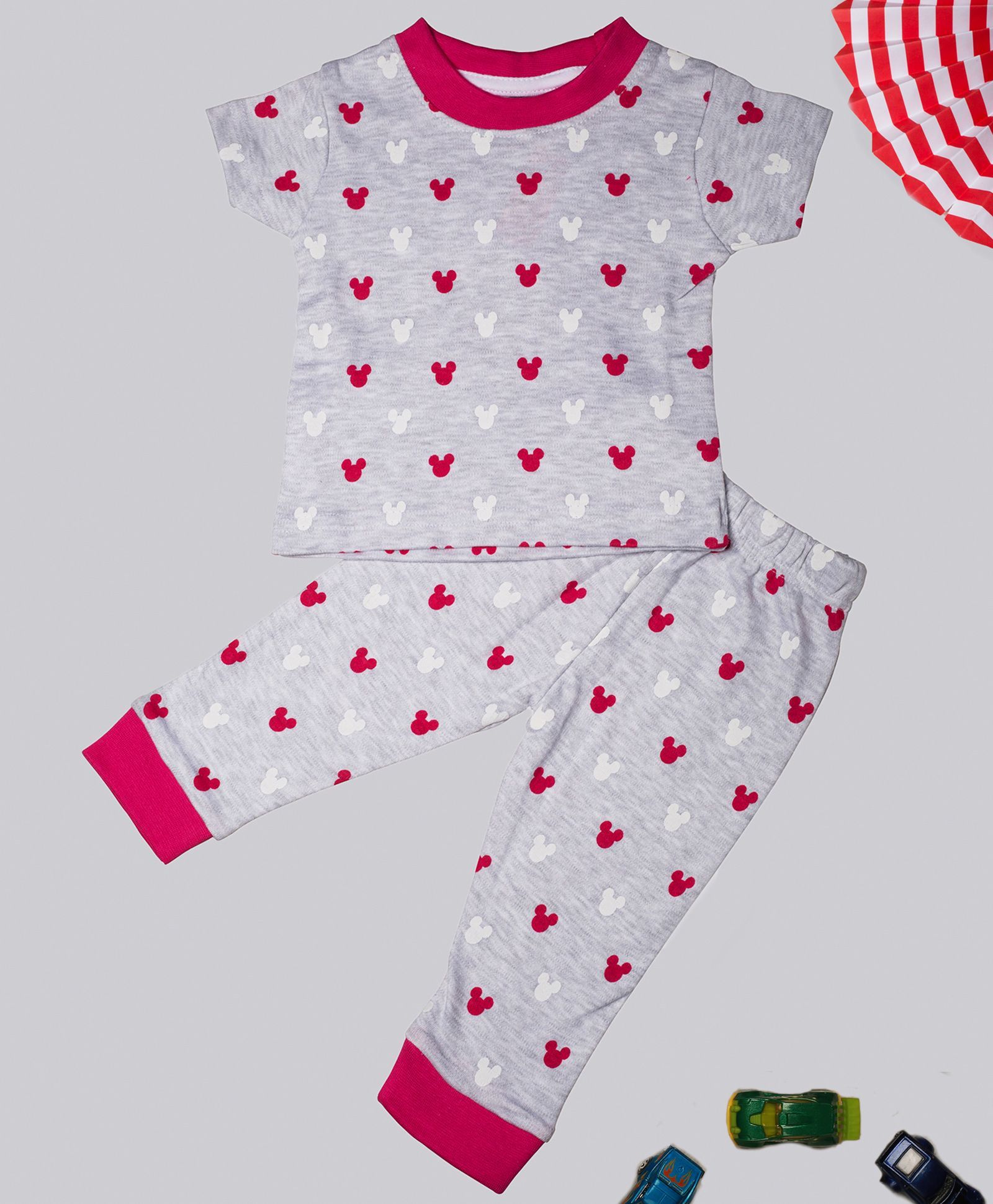 Treasure Trove Cartoon Printed Night Suit - Grey & Pink