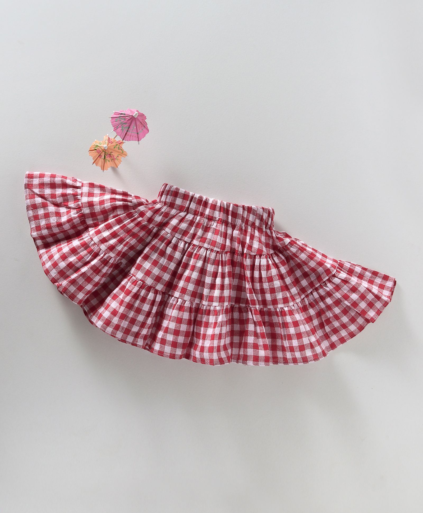 Spring Bunny Checks Print Frill Skirt - Red