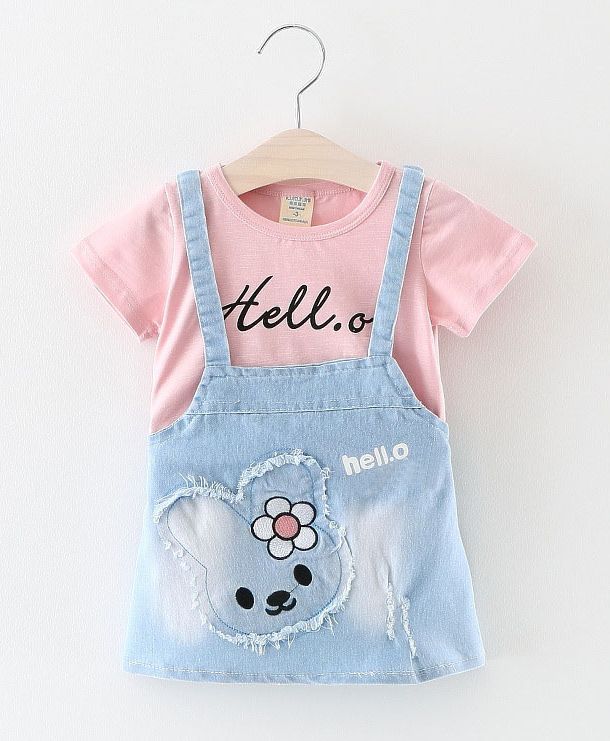 Superfie Hello Print Top & Dungaree Frock Set - Pink & Blue