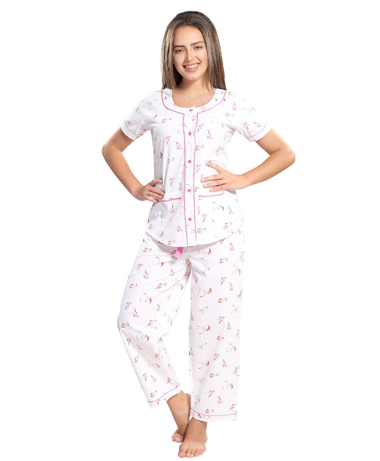 Piu Front Open Flamingo Print Sleepwear - White