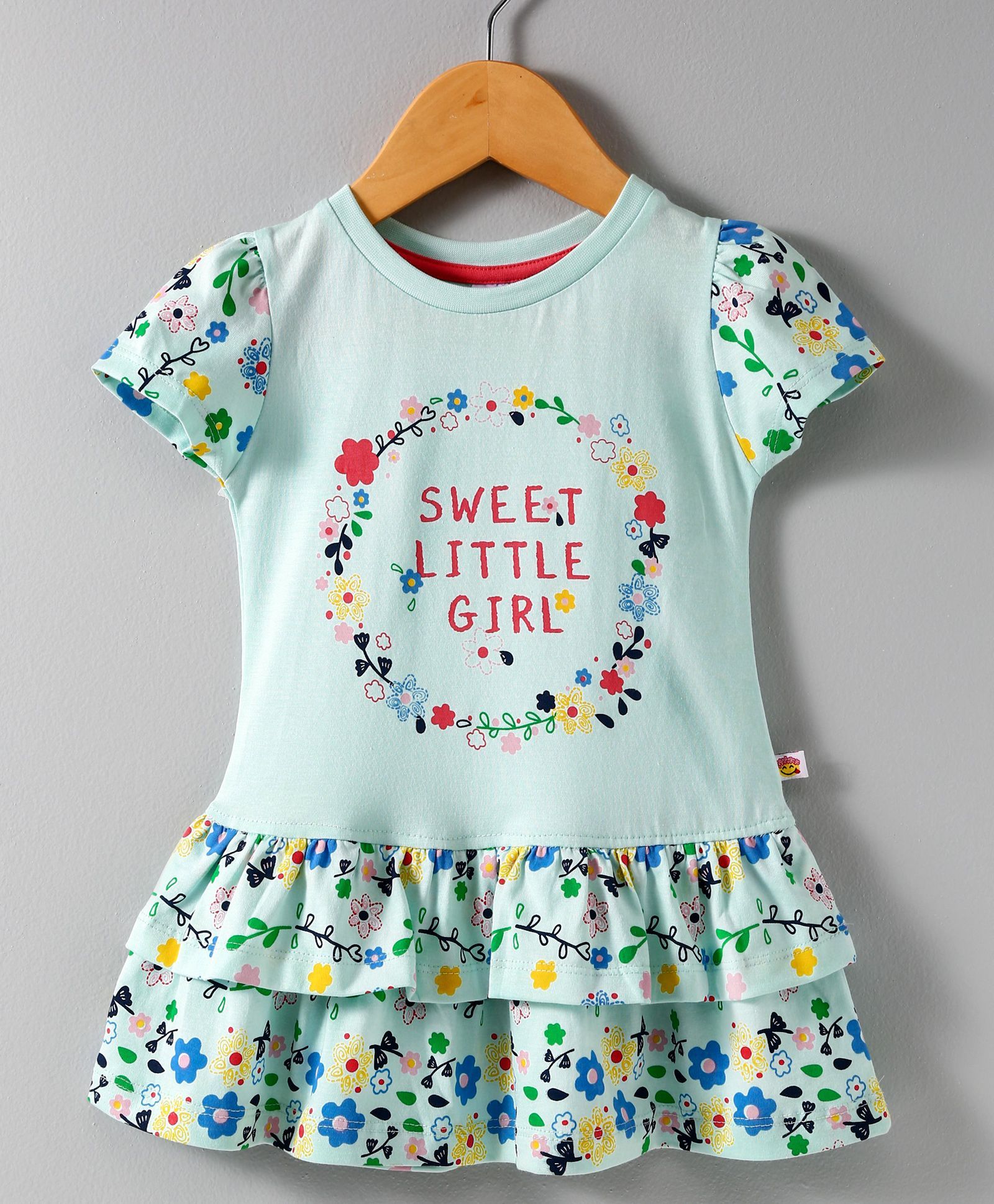 Ollypop Short Sleeves Layer Frock Text Print - Light Green
