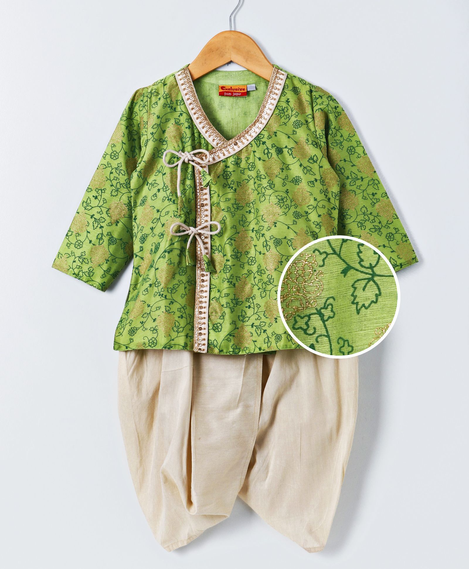 Exclusive from Jaipur Dhoti Kurta Set Floral Print - Green Beige