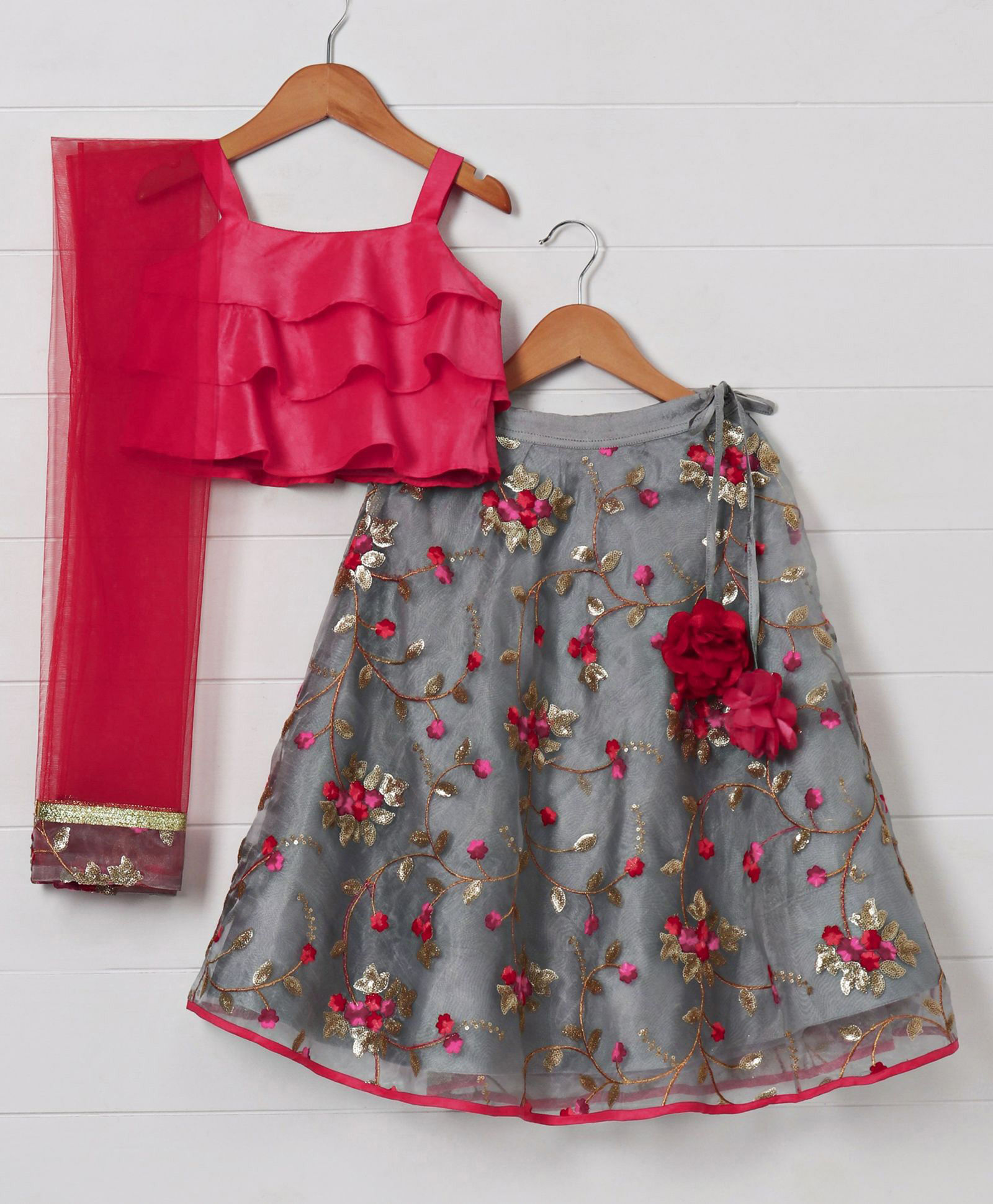 Saka Designs Singlet Choli Lehenga With Dupatta Floral Embroidered - Fuchsia Grey