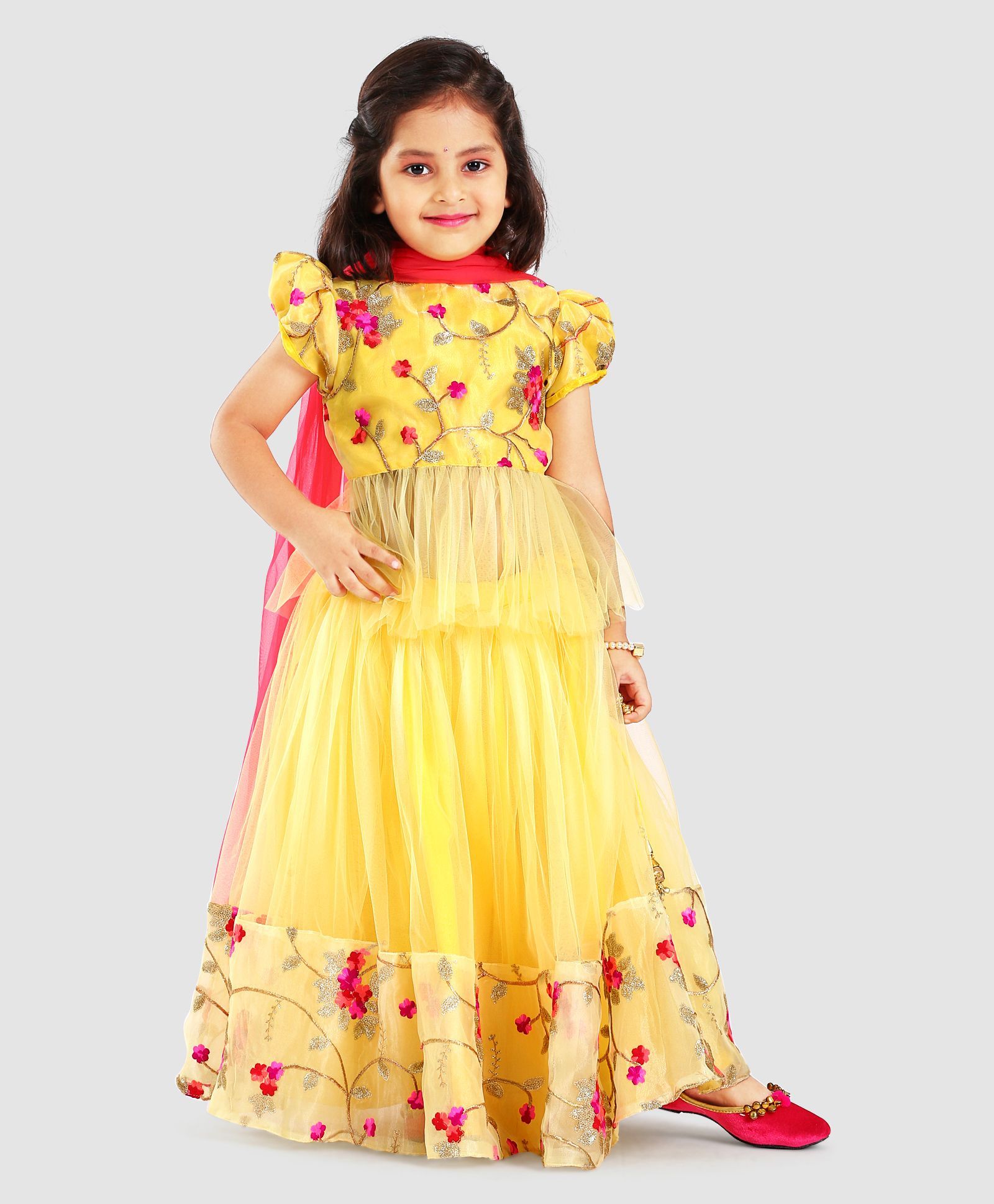 Saka Designs Peplum Choli With Lehenga & Dupatta Floral Design - Yellow