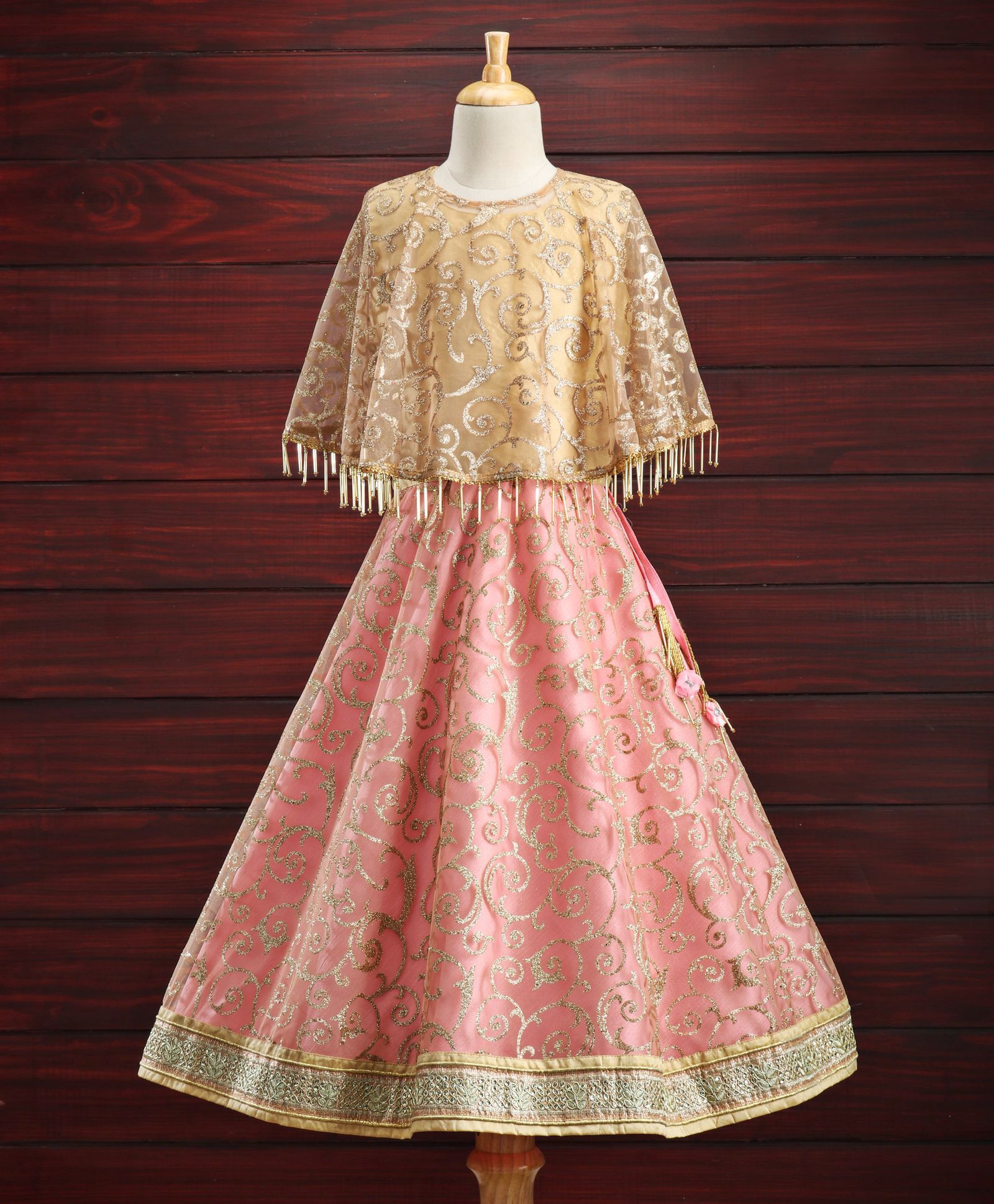 Saka Designs Poncho Style Lehenga Set Glitter Spiral Embroidered - Pink Gold