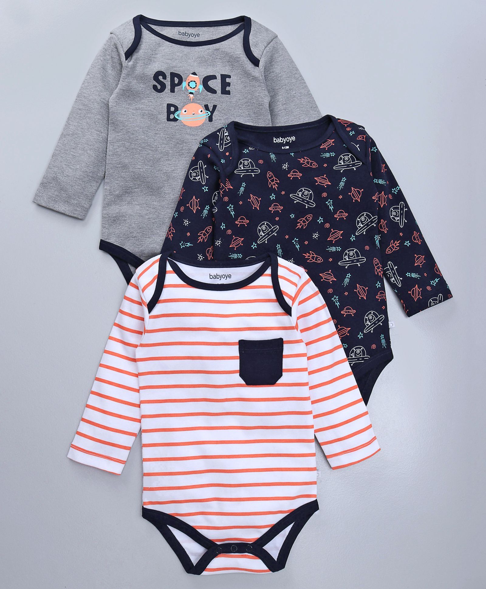 Babyoye Full Sleeves Onesie Stripes & Space Print Pack of 3 - Peach Grey Navy