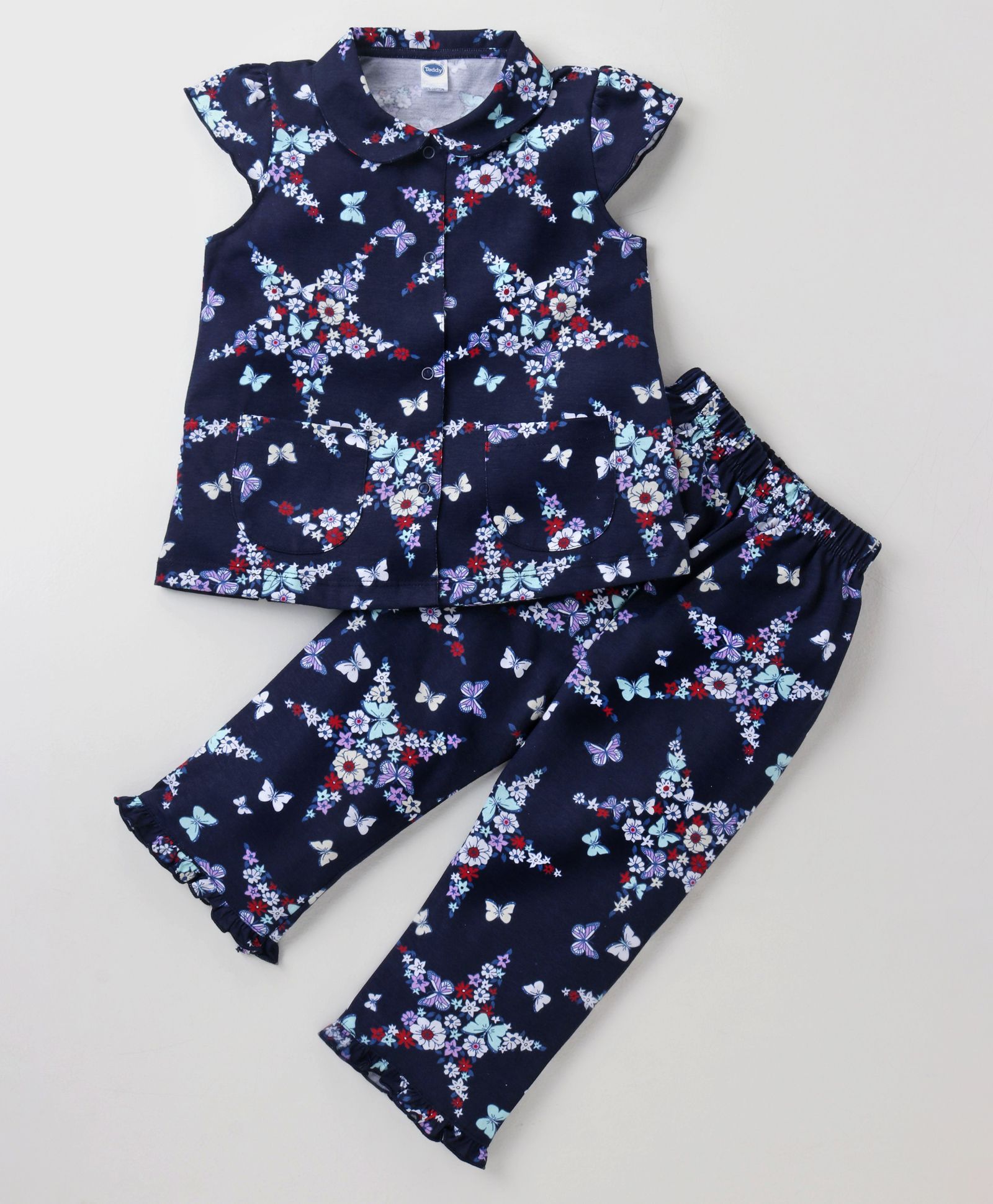 Teddy Cap Sleeves Night Suit Floral & Butterfly Print - Navy Blue