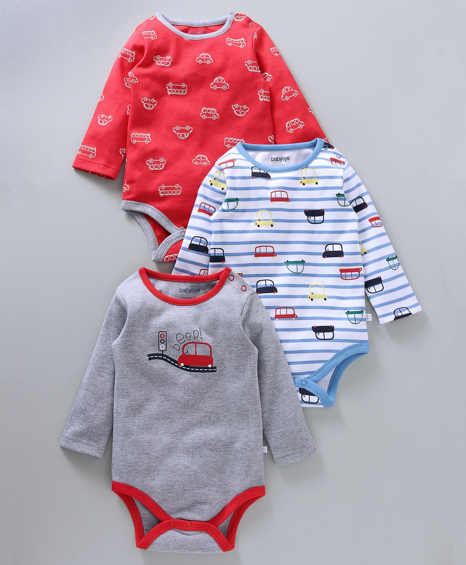 Babyoye Full Sleeves Onesies Cars Print Pack of 3 - Grey Red Blue