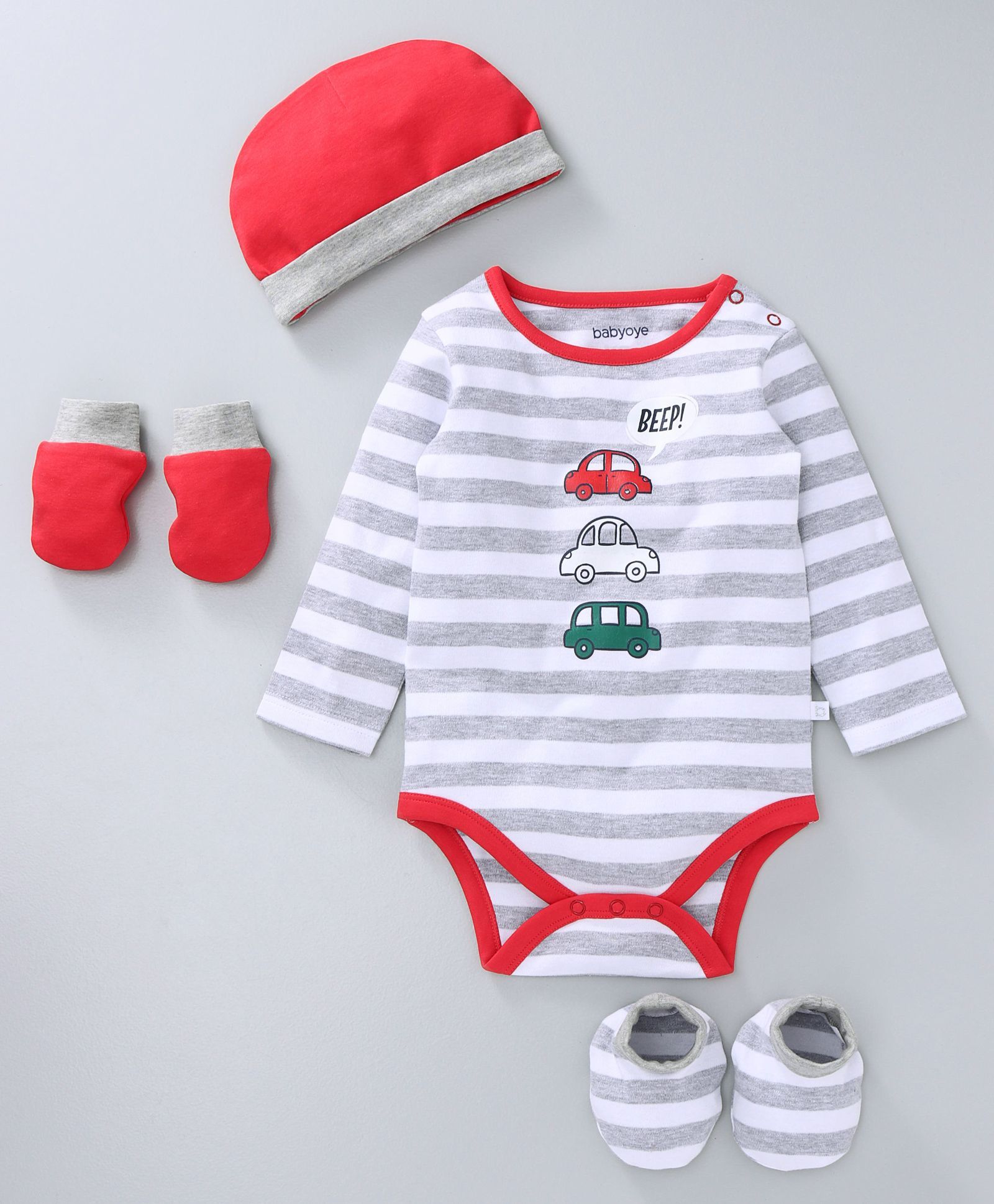 Babyoye Full Sleeves Striped Onesie With Cap Mittens & Booties Car Print - Grey