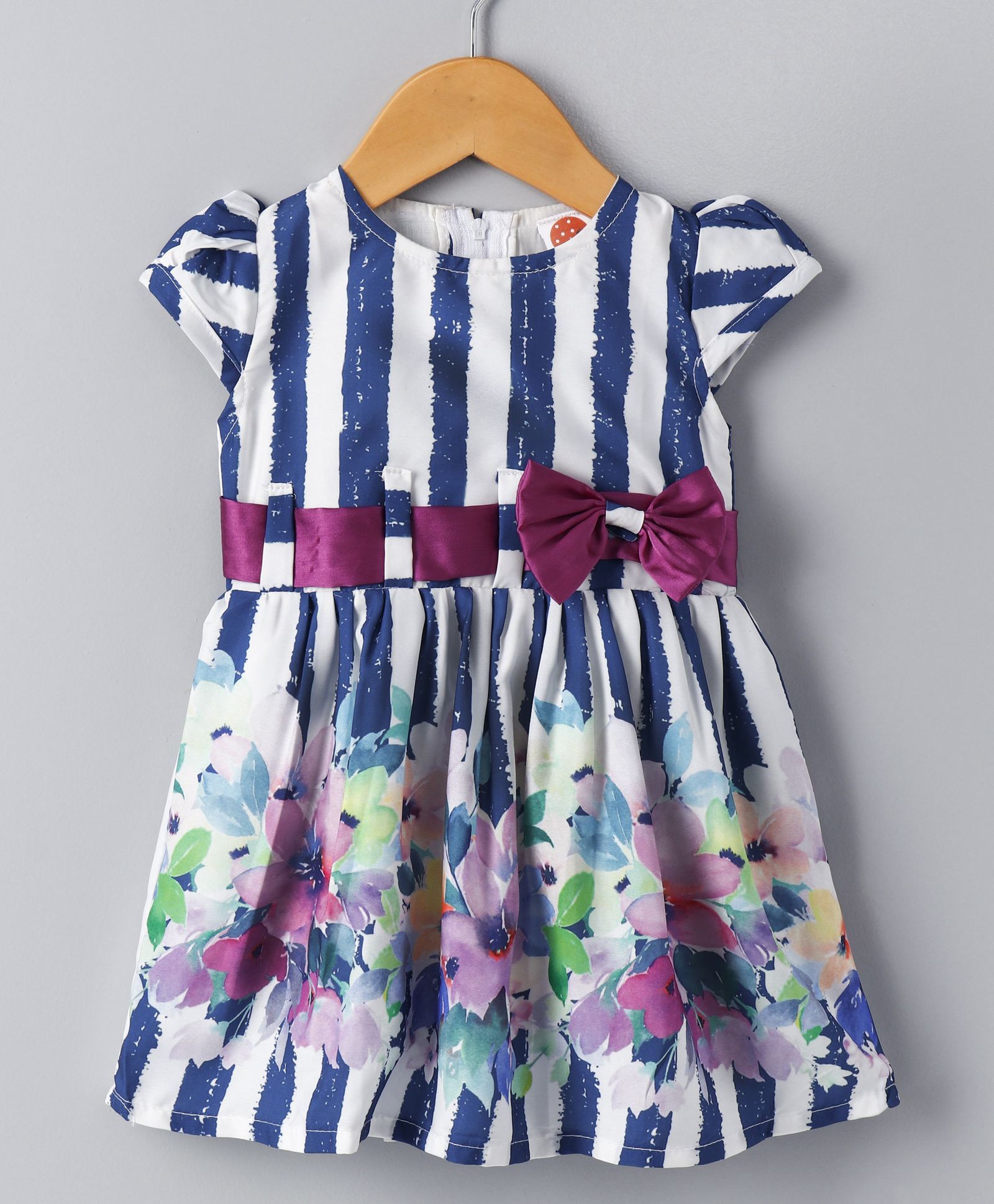 Dew Drops Cap Sleeves Striped Frock Bow Applique