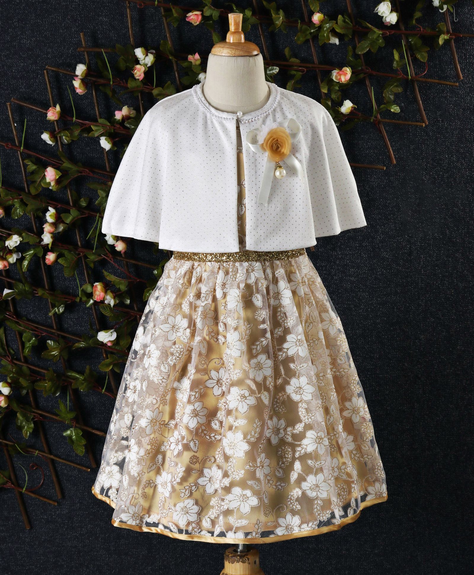 Cuteopia Floral Design Dress With Cape - Beige