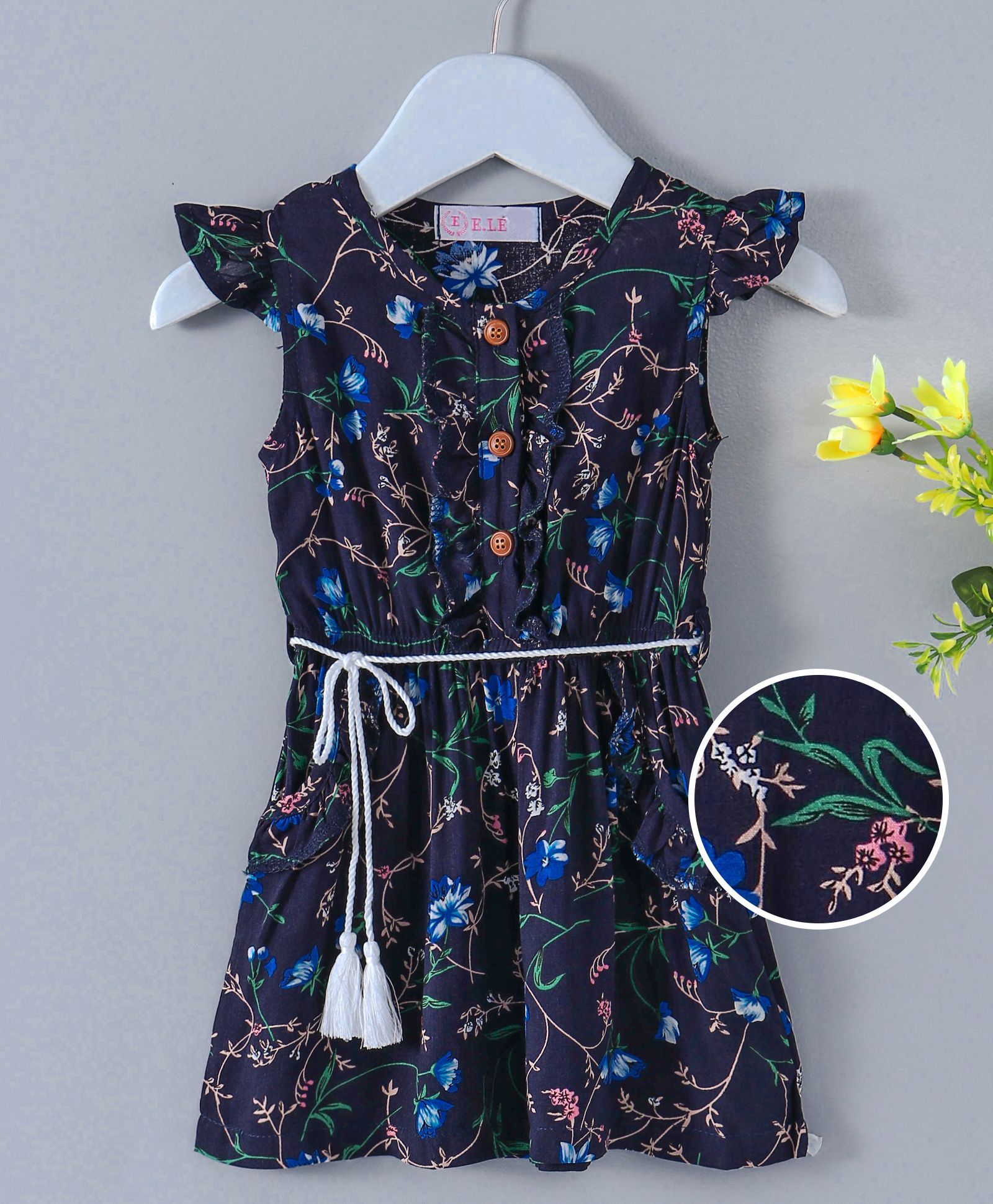 ELE Flower Printed Dress With Pockets - Dark Blue