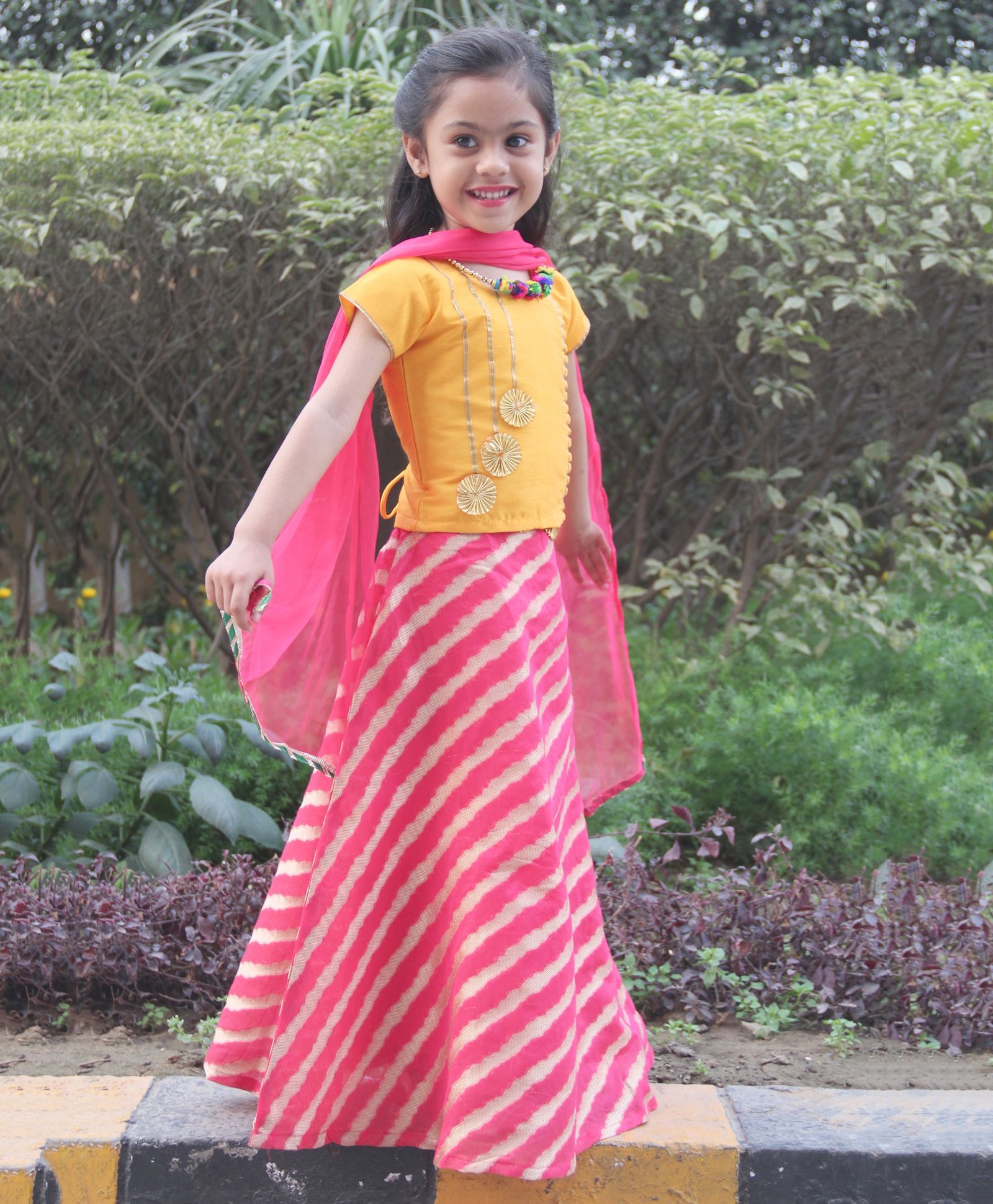 BownBee Lehriya Lehnga Choli Ethnic Wear - Yellow & Pink