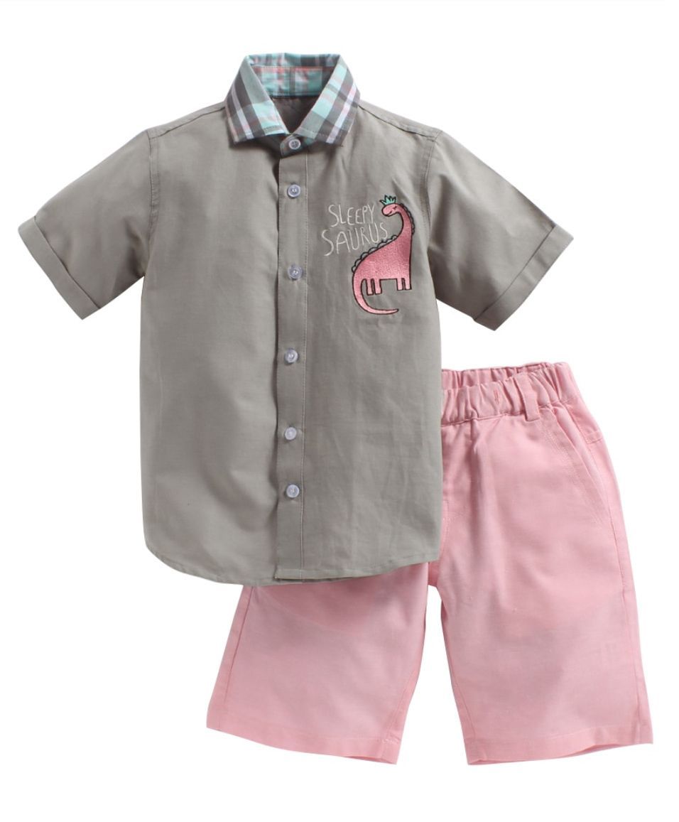 KIDS CLAN Embroidered Shirt With Shorts - Baby Pink & Grey