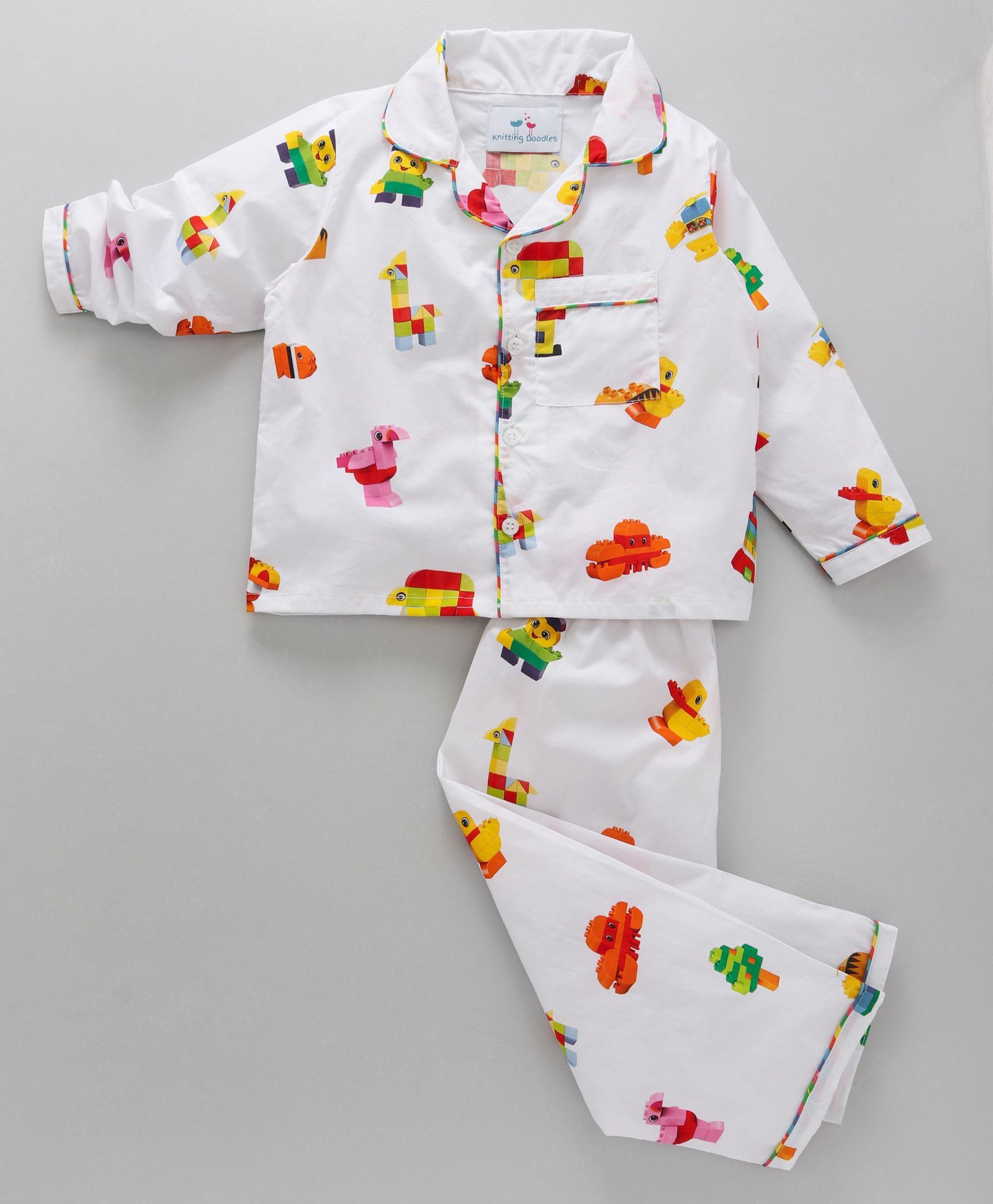 Buy Knitting Doodles Lego Themed Print Night Suit White Online
