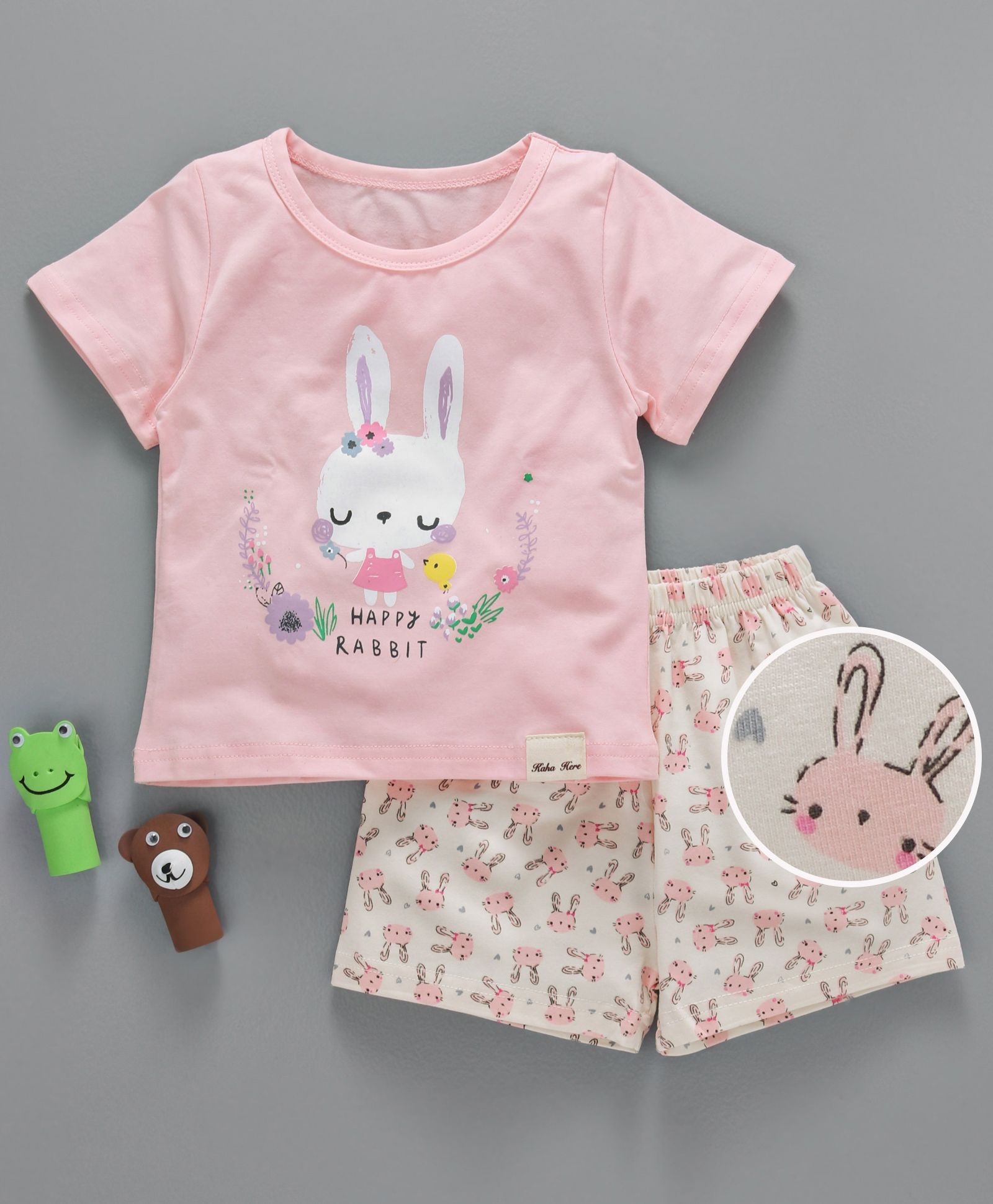 Kai Kai Happy Rabbit Print Tee & Shorts Set - Pink
