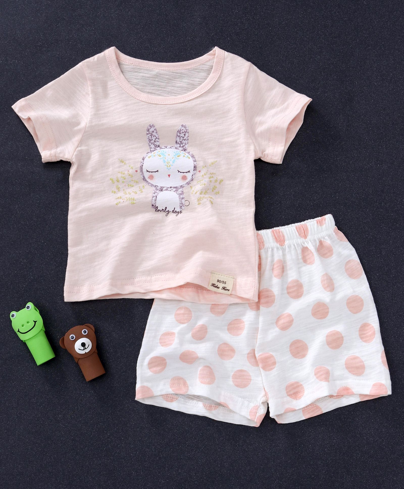 Here Rabbit Print Tee & Polka Dot Shorts Set - Light Pink