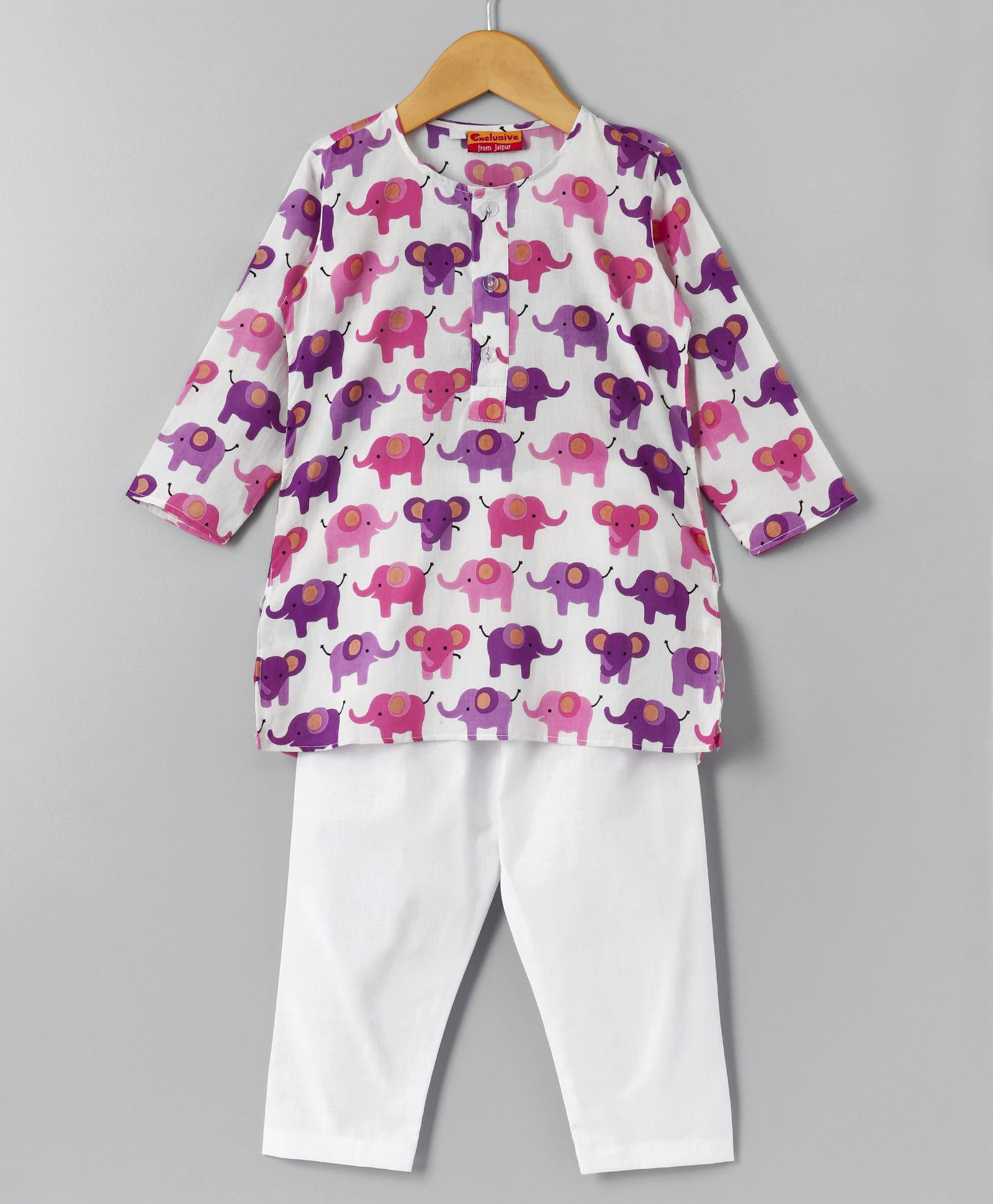 Exclusive From Jaipur Full Sleeves Kurta & Pajama Set Elephant Print - Pink White