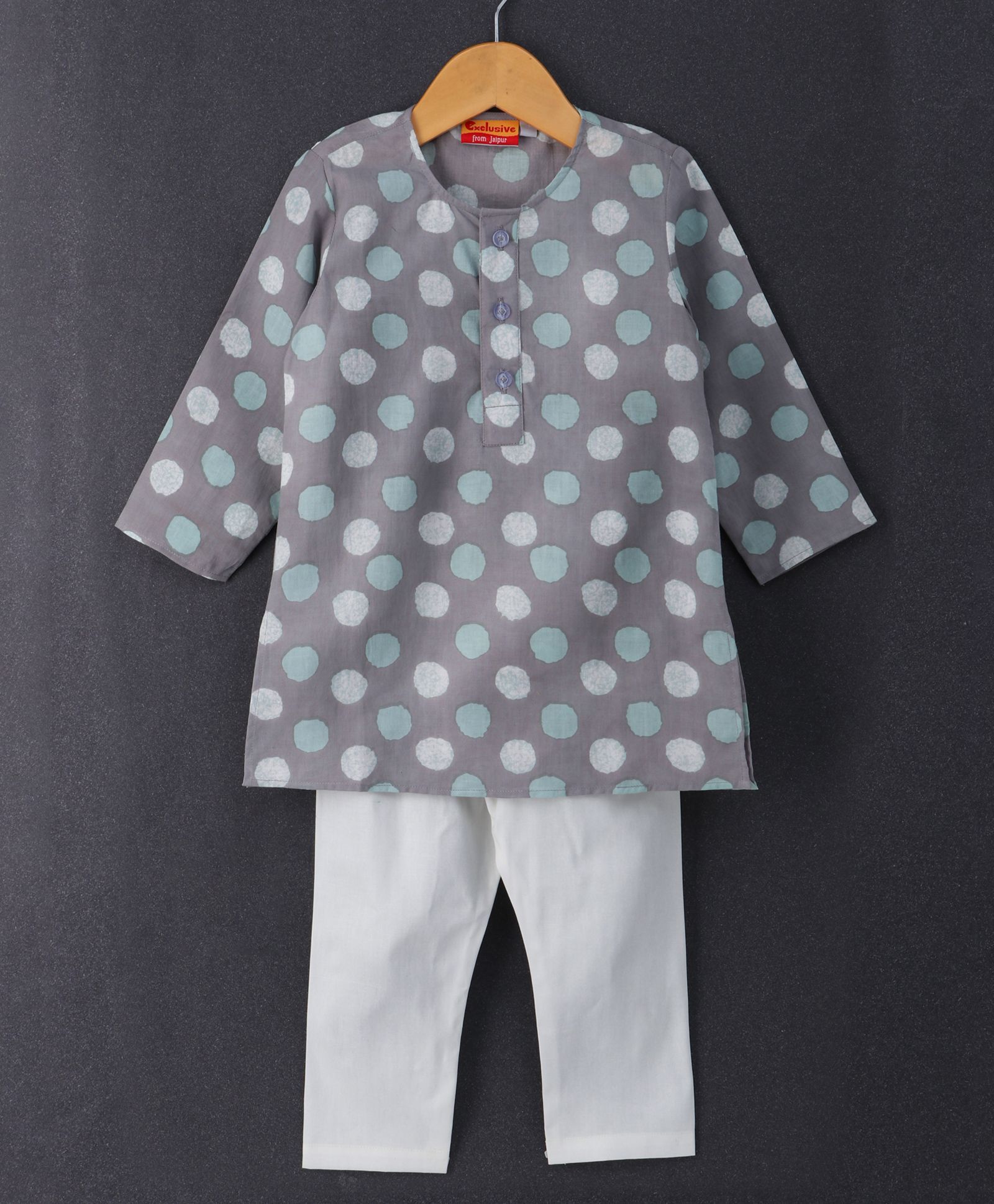Exclusive From Jaipur Full Sleeves Kurta & Pajama Set Polka Print - Grey