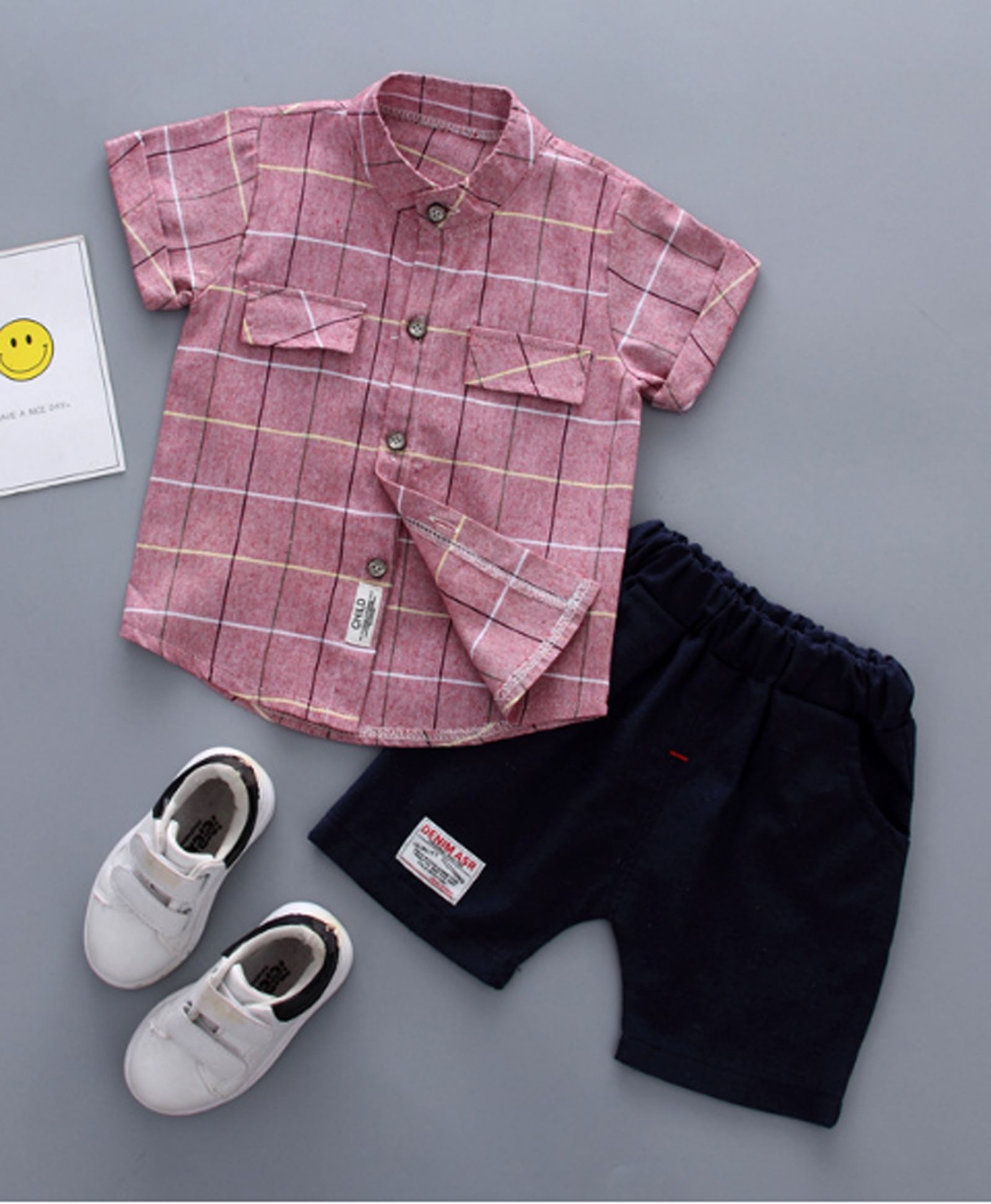 Dells World Mandarin Collar Shirt With Shorts Checks Print