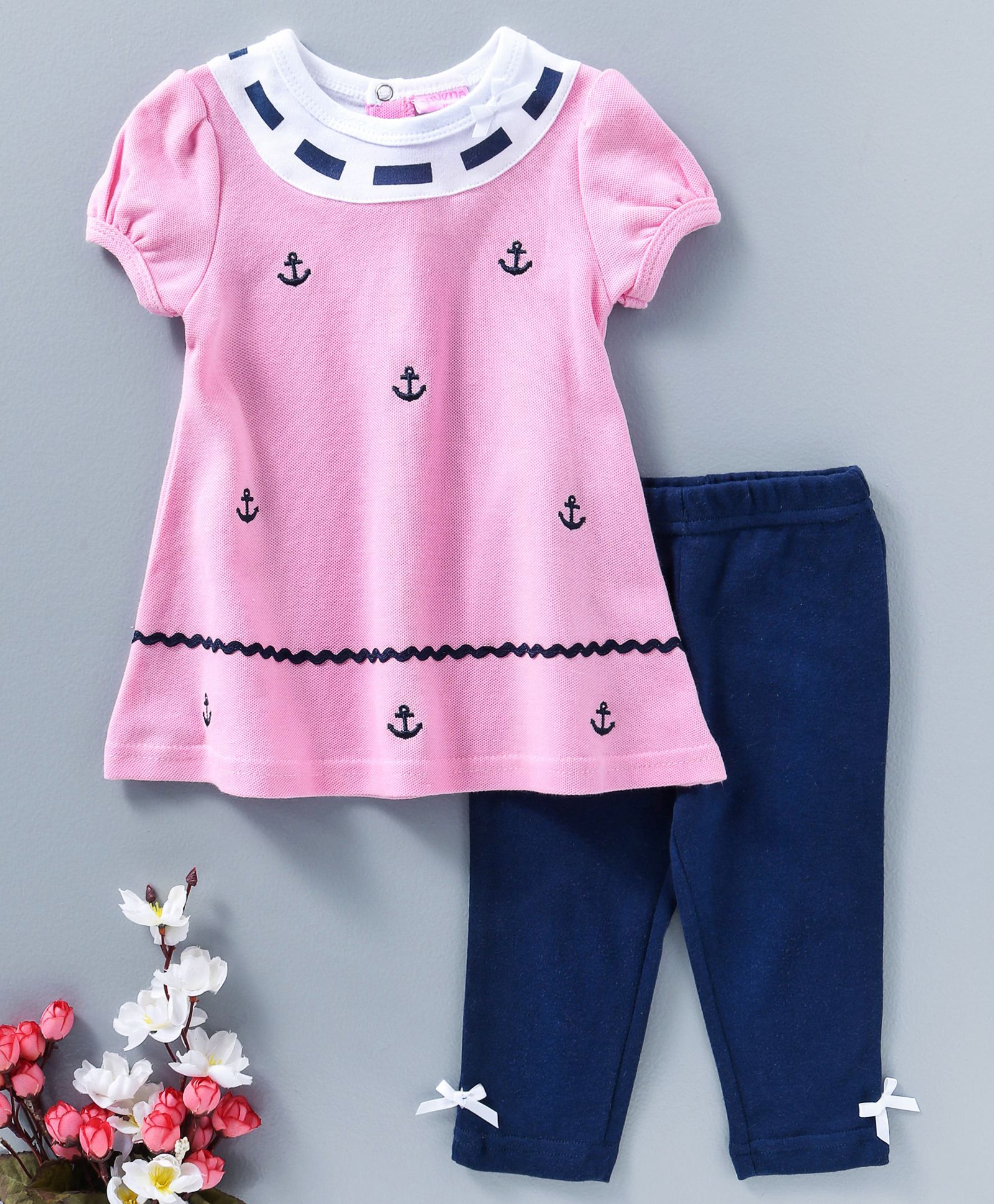 Luvena Fortuna Anchored Embroidered Top & Legging Set - Pink & Blue