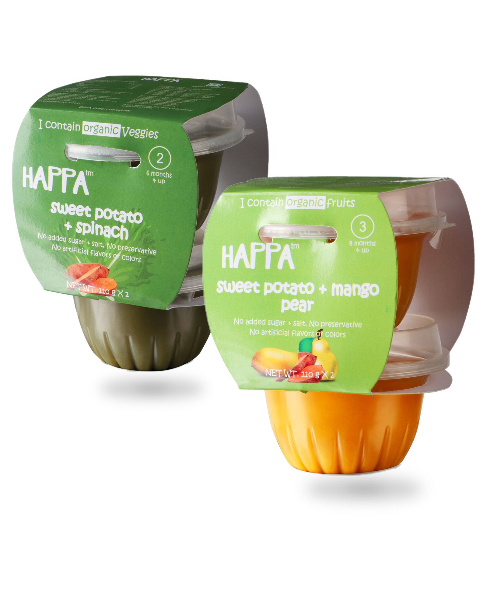 Happa Organic Sweet Potato And Spinach & Sweet Potato Mango Pear Puree Pack of 4 - 110 gm each