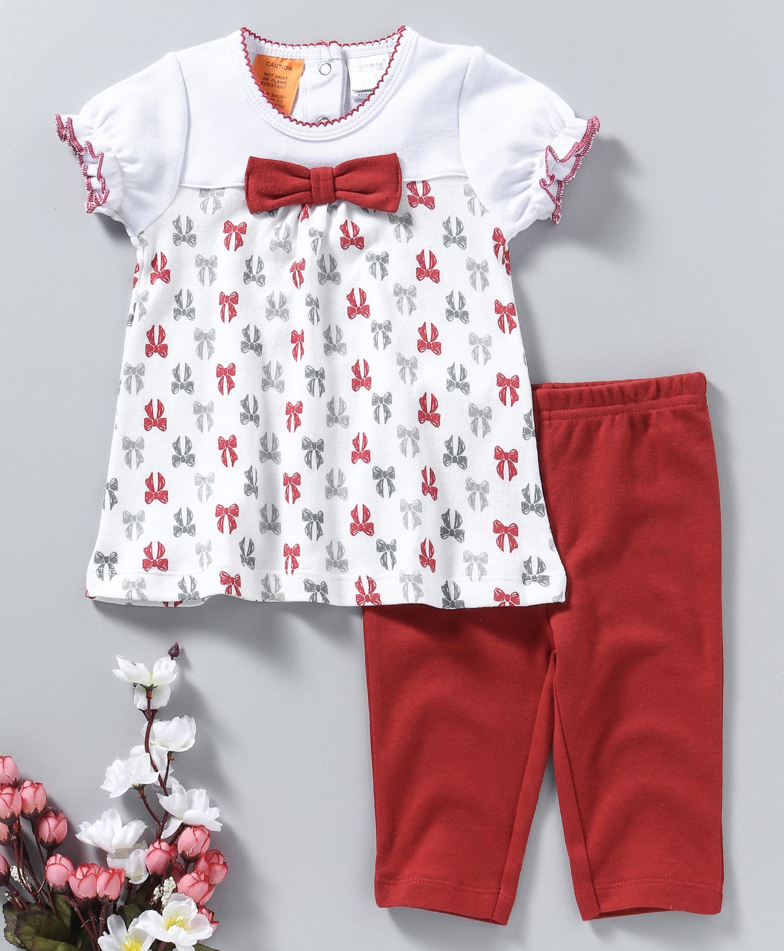 Bingo Boom Bow Printed Top & Legging Set - White & Red