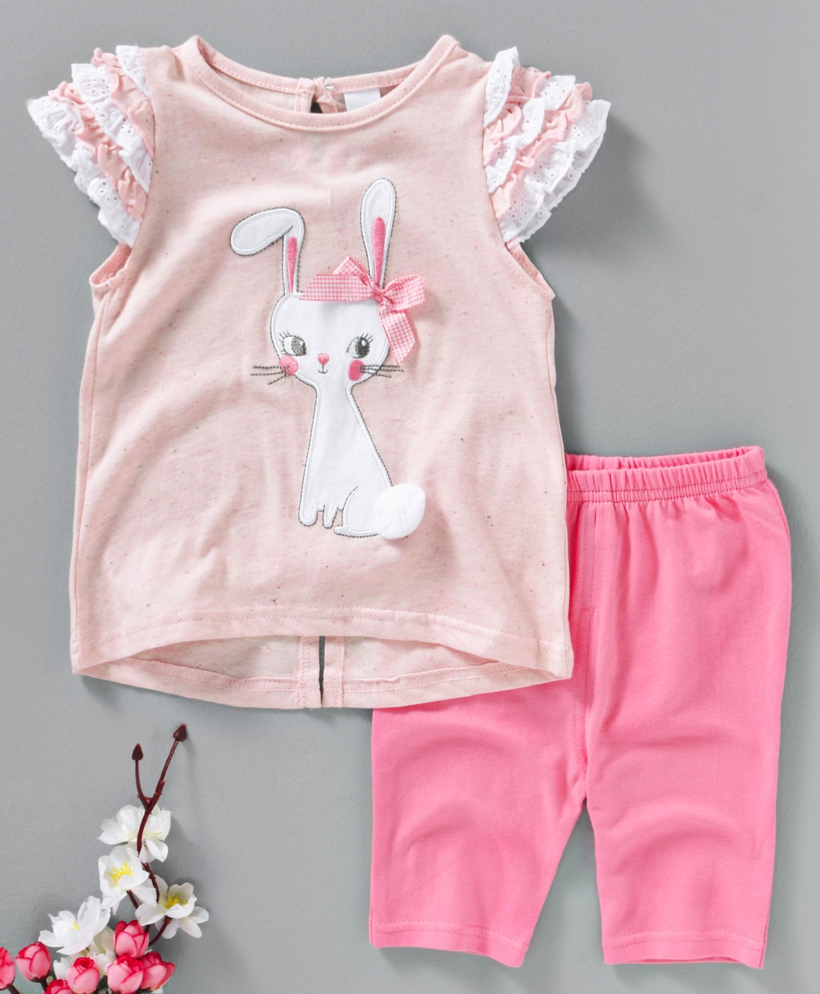 Pretty Kibo Rabbit Applique Top And Bottom Set - Pink