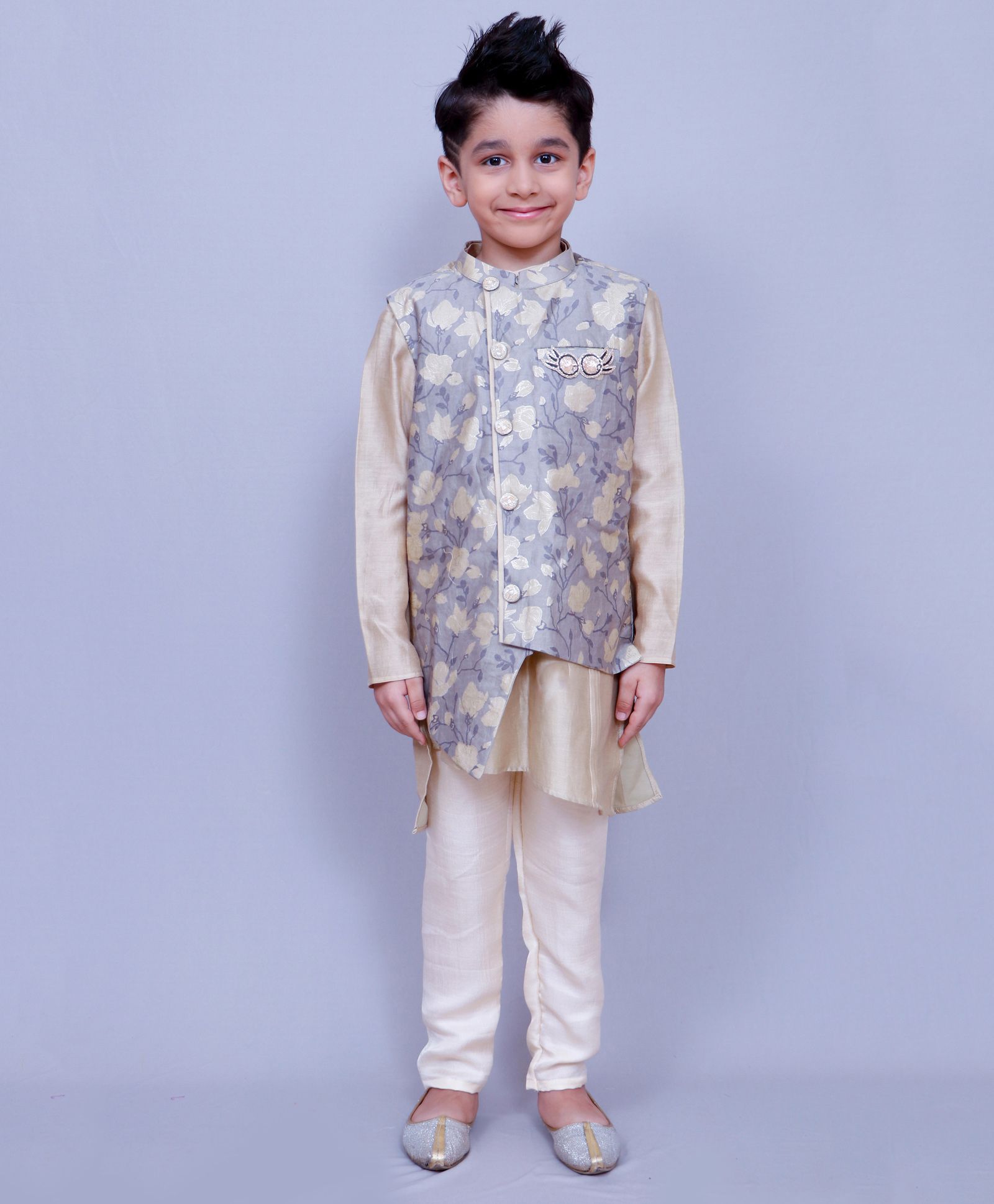 Varsha Showering Trends Full Sleeves Asymmetric Kurta And Pajama With Waistcoat - Golden