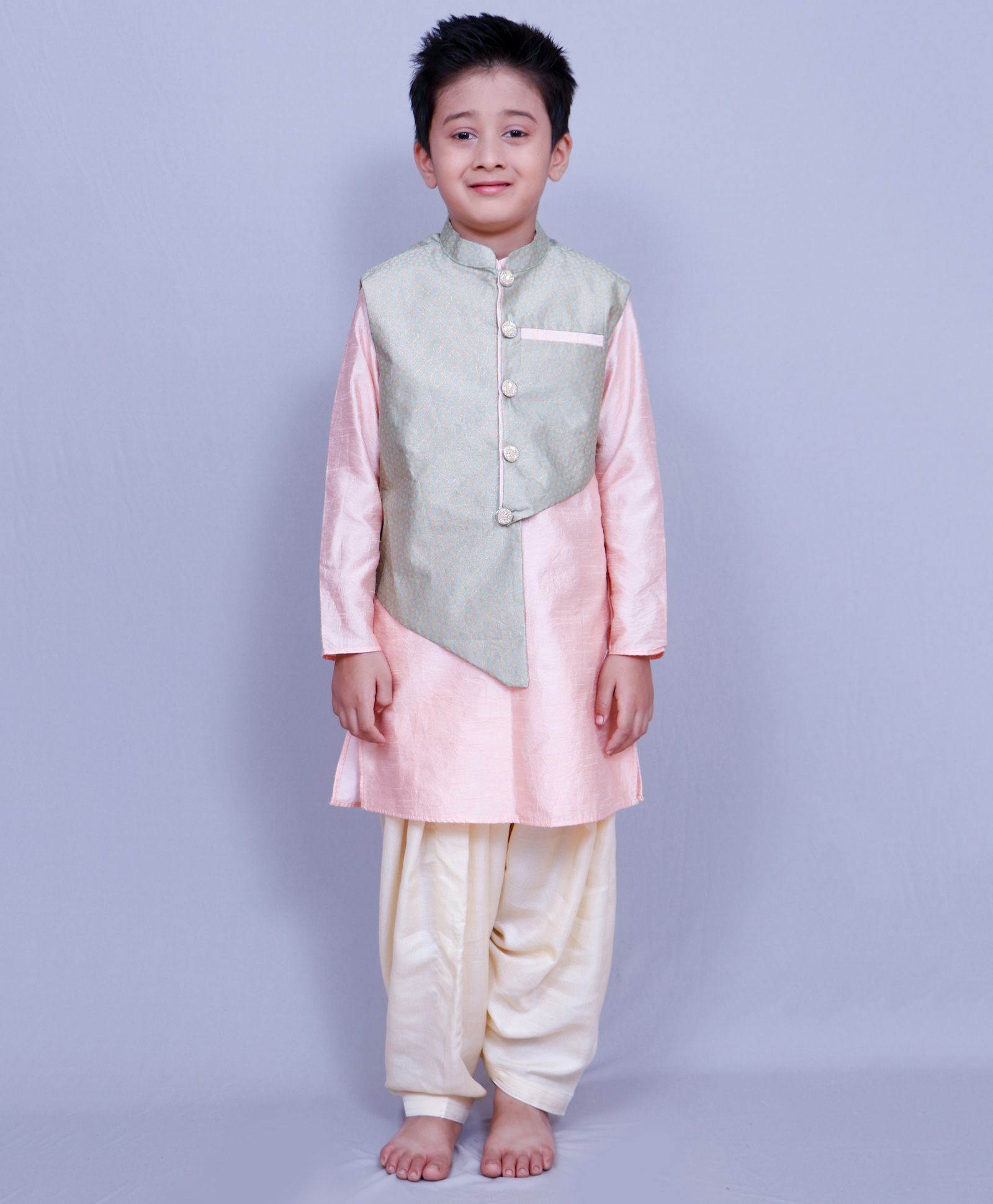 Varsha Showering Trends Full Sleeves Kurta And Pajama With Waistcoat - Pink Grey