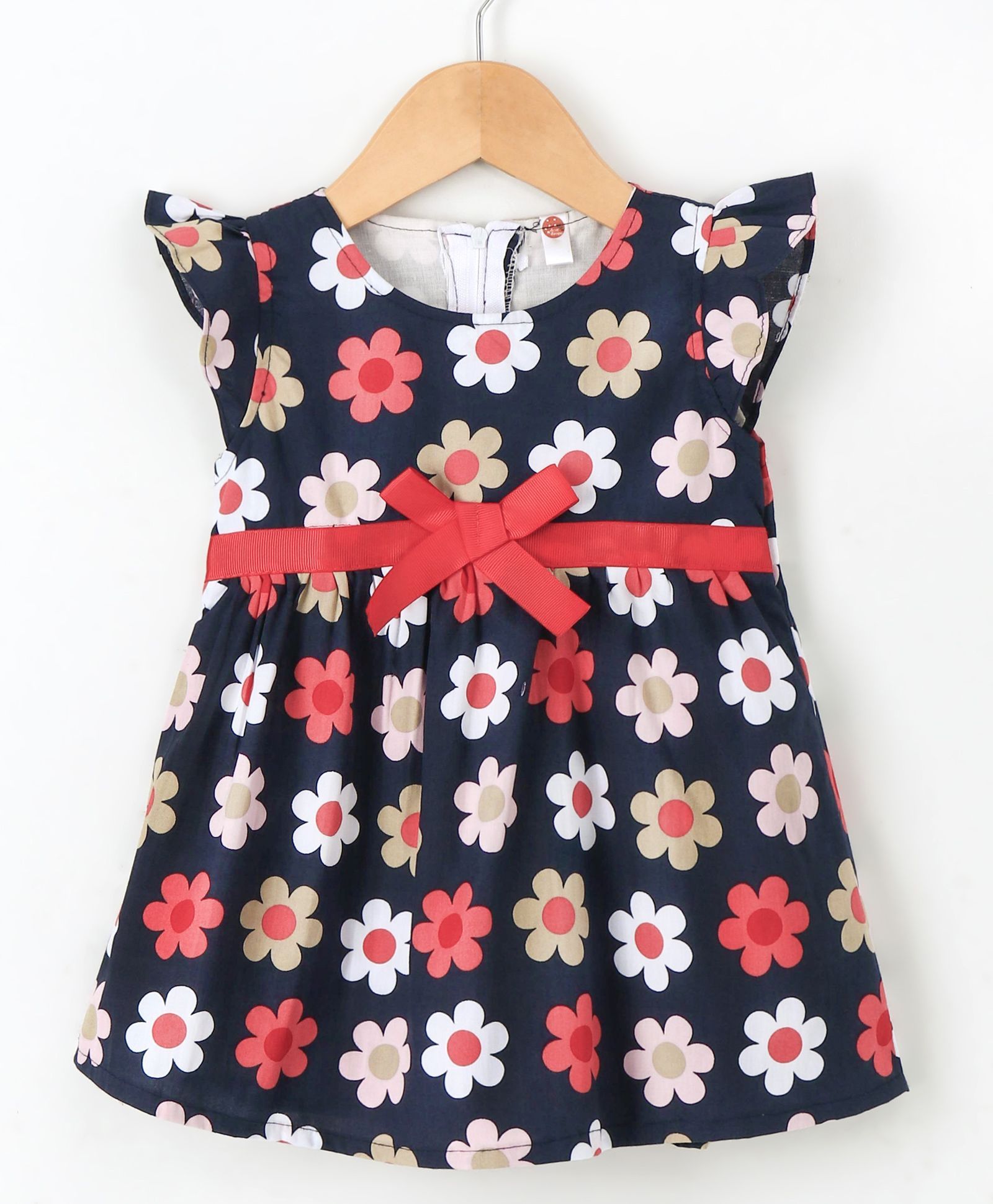 Dew Drops Cap Sleeves Frock Floral Print - Navy Blue