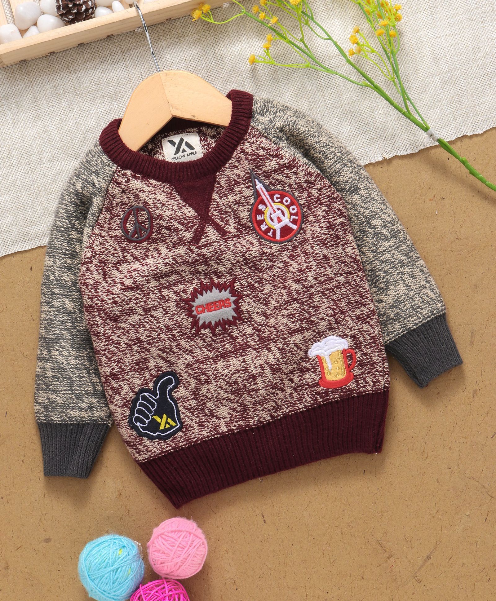 Yellow Apple Full Sleeves Winter Wear Tee - Maroon Grey