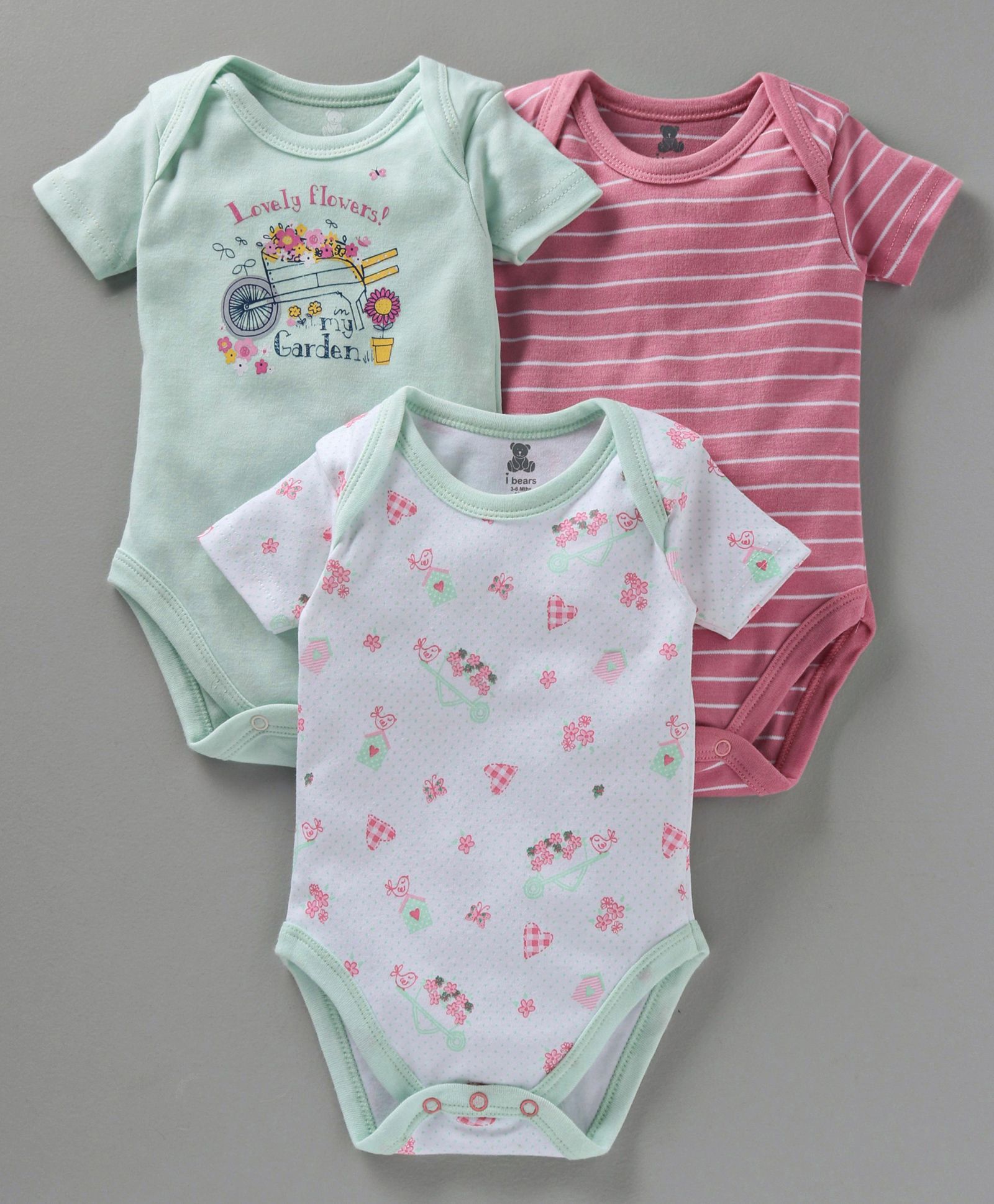 I Bears Half Sleeves Onesies Stripe & Heart Print Pack of 3